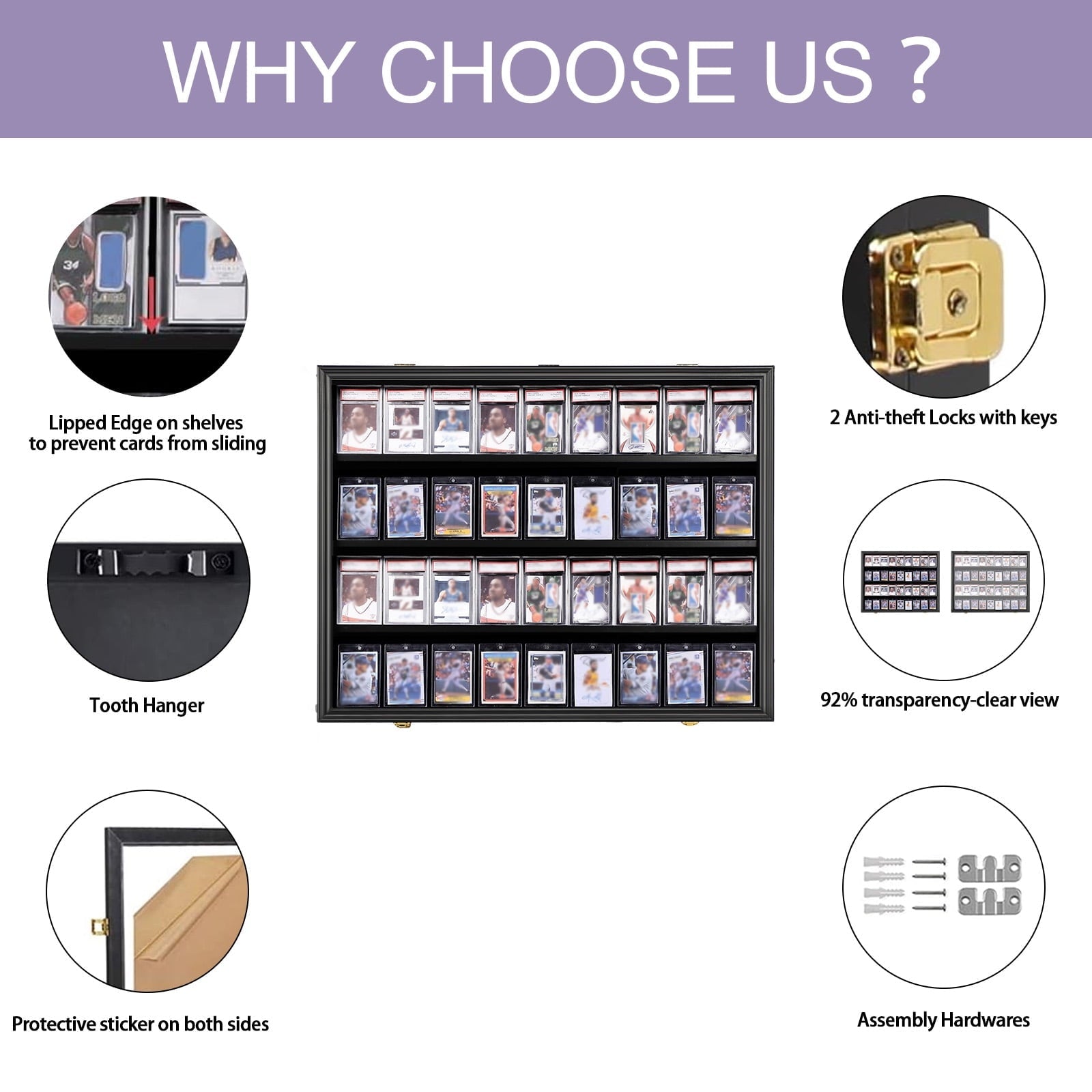 36 Graded Sports Card Display Frame - Baseball Card Display Case Lockable Trading Card Collector Wall Display Holder For Basketball Football Hockey Cards, 98% UV Protection Acrylic,Black