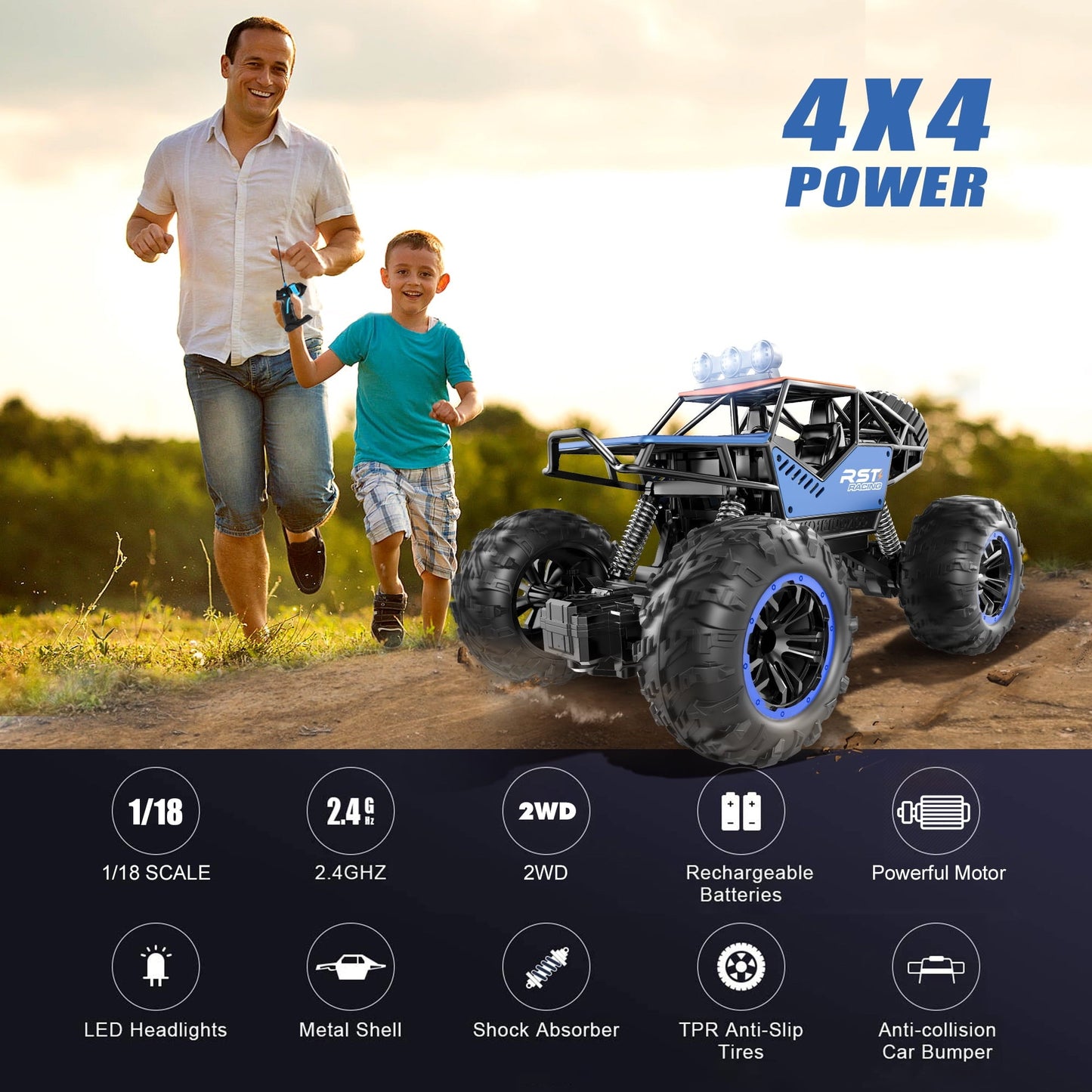 Hot Bee Blue Remote Control Cars 1:18, All Terrain Metal Shell 4X4 Off-Road Vehicle Monster Truck, High Speed 2.4 GHz RC Car, Christmas Birthday Gift Outdoor Toys for Kids 6+ & Adults