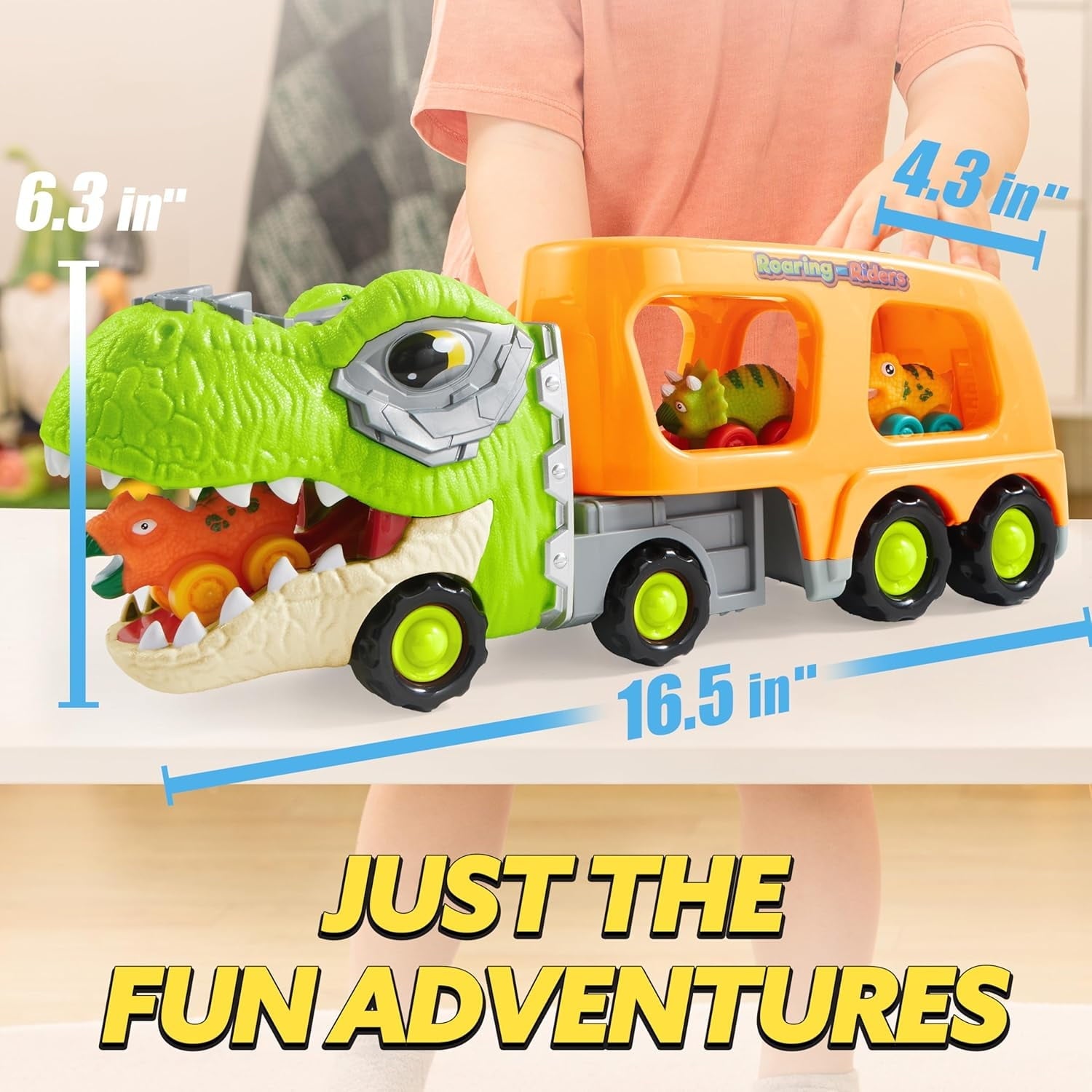 Joyfy Dinosaur Truck Toys with Music & Lights for Kids 2-4, Carrier Truck Toys with 6 Rubber Car Vehicles, Christmas Birthday Gifts for Toddler Boy 2 3 4 5 6