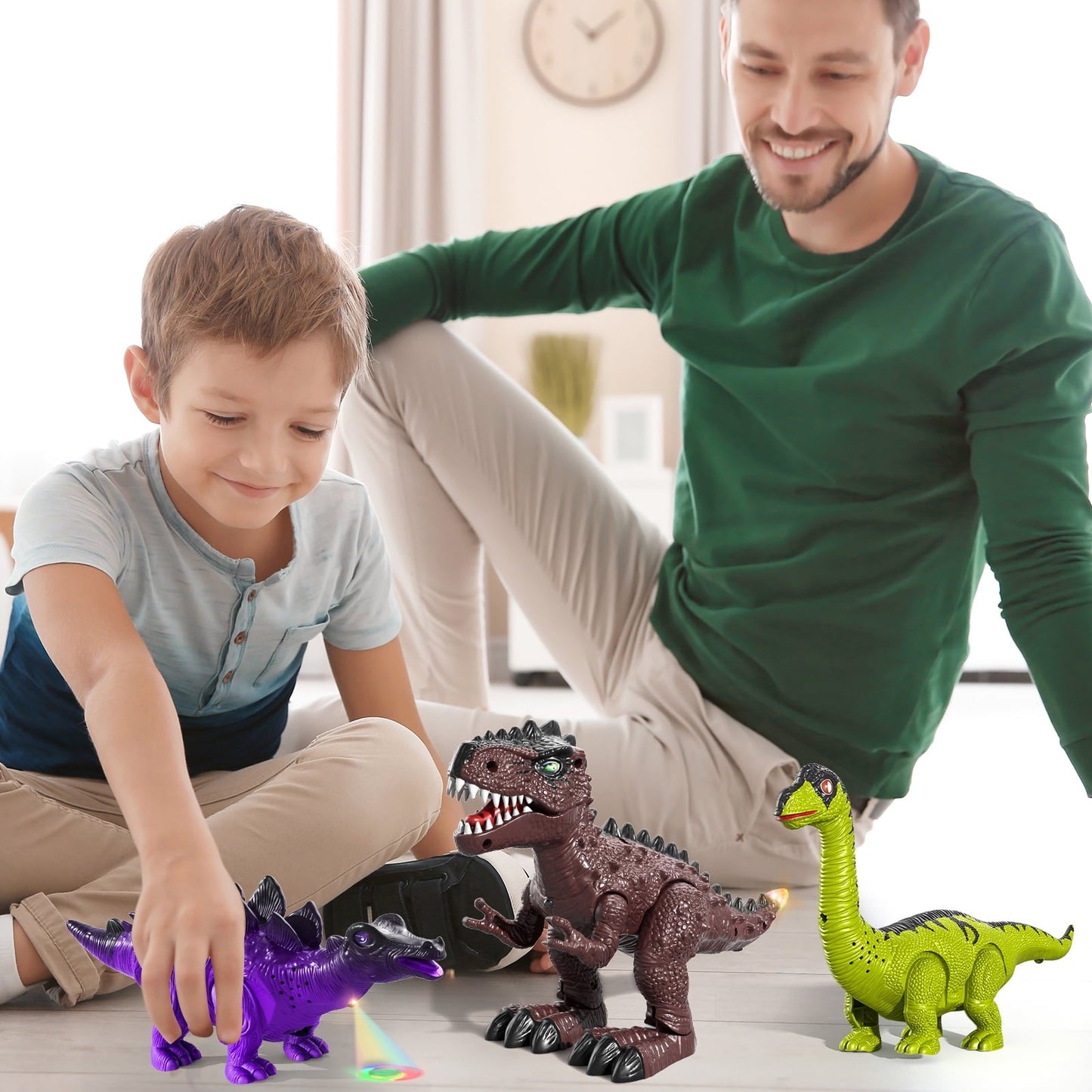 3 Pack Electric Walking Dinosaur Toys for Toddlers 3 4 5 Years with Roar Sounds and Lights Up, Realistic Robot T-Rex, Brachiosaurus, Stegosaurus Dinosaur Figures for Kids