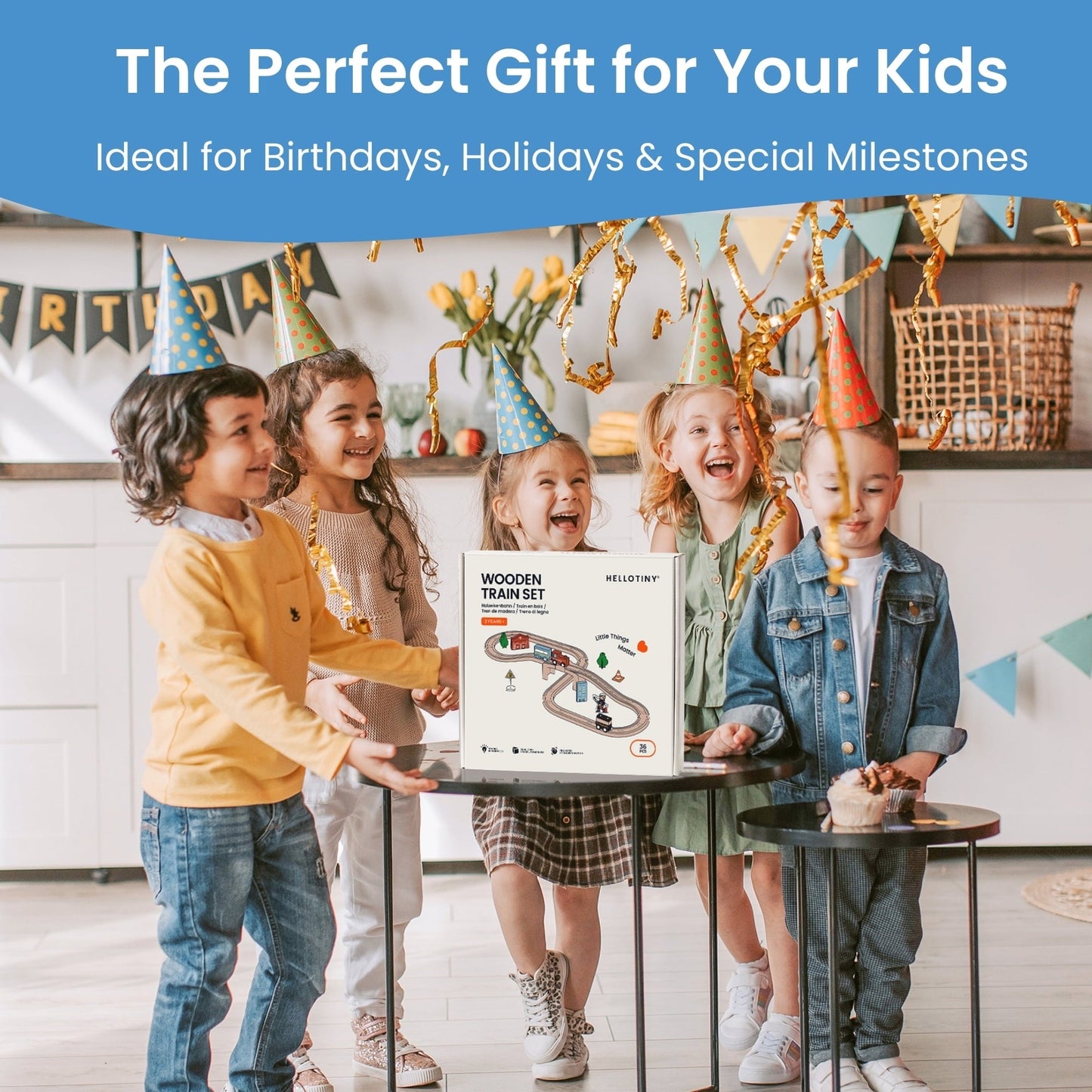 HELLOTINY Wooden Train Set for Toddlers, 36 Pcs with Wooden Tracks, Compatible with Major Brands, Train Toy for Kids Ages 3-5