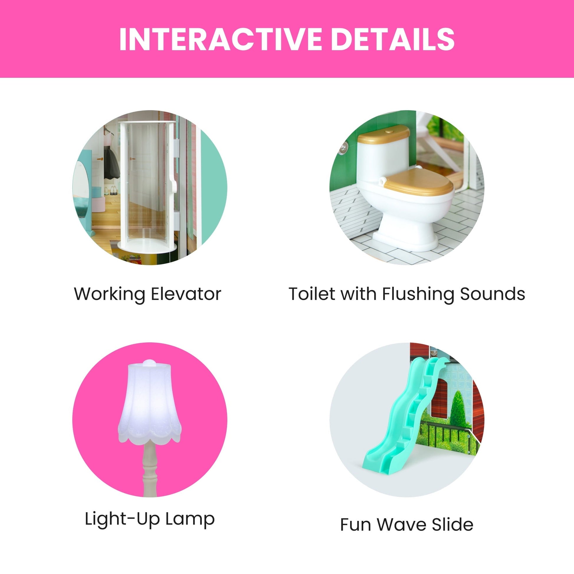 Delta Children Deluxe Maui Dollhouse with 50 Accessories - Large Wooden 4-Story Dollhouse with 12 Rooms - Working Elevator, Slide, Lights/Sounds - Fits 12-inch Dolls - Pretend Play Gift for Ages 3+