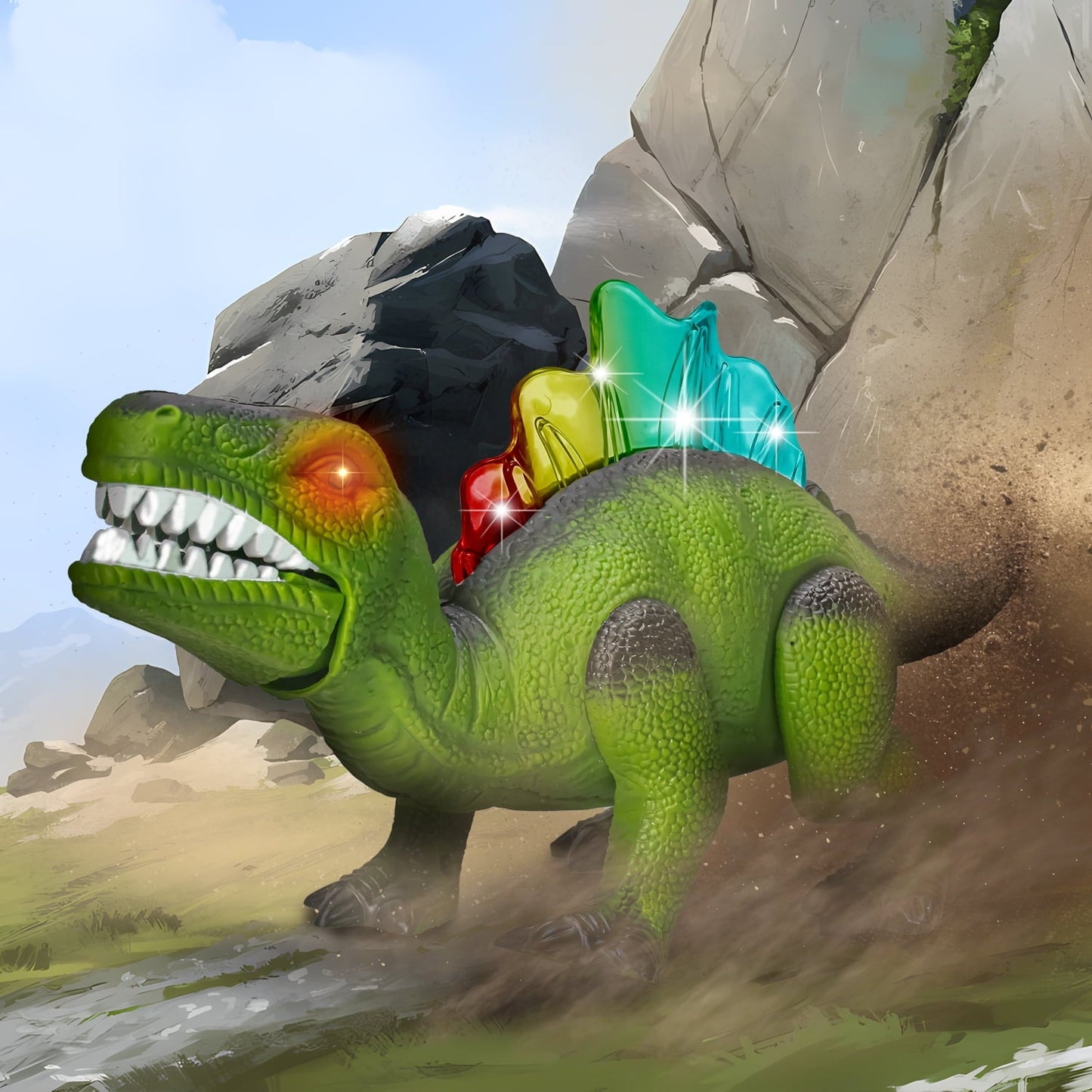 Light-up Walking Dinosaur Toy for Kids, 12 inches Electronic Dinosaur with Roaring Sound and Dinosaur Figures, Gift for Boys & Girls 3 4 5 6 7 Years - Green