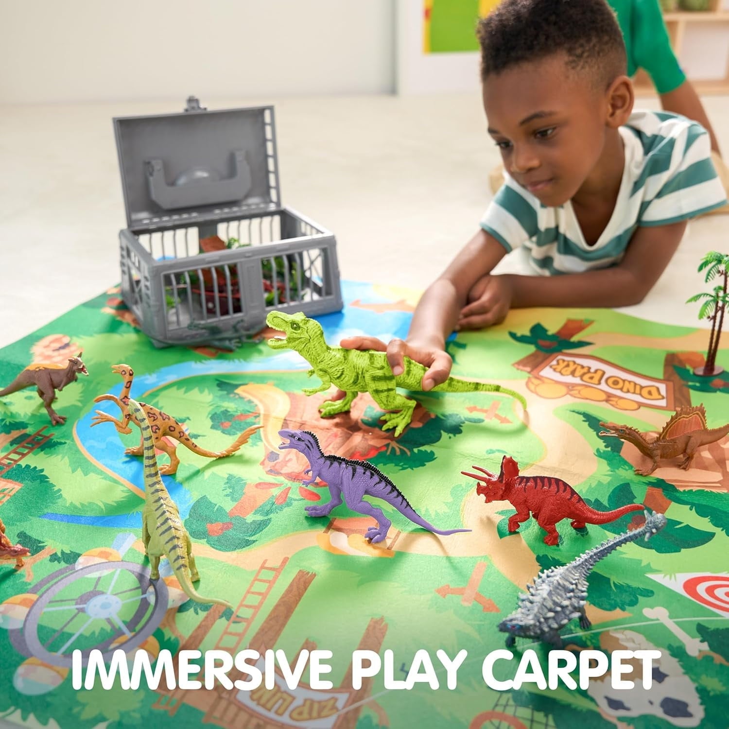 Joyfy 19 PCS Dinosaur Figures for Toddlers, Realistic Dinosaur Toys with Activity Play Mat & Storage Cage & Trees, Dino Playset Toys for Kids Ages 3-5, Christmas Birthday Gift For Boys