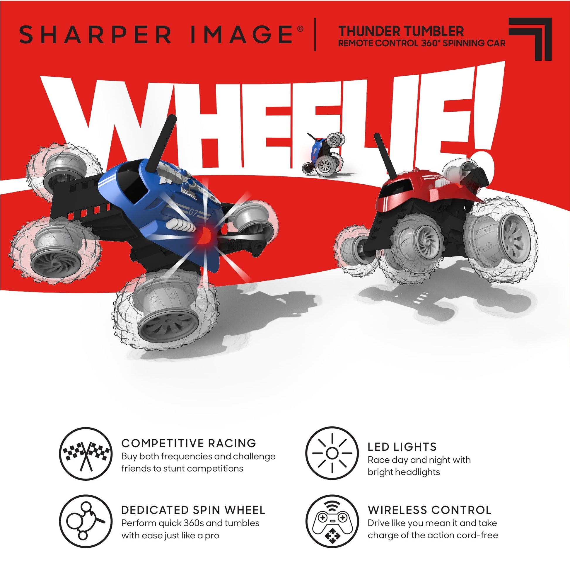 Sharper Image® Thunder Tumbler Remote Control Car, with LED Lighting and 360 Spins, Age 6+, Red