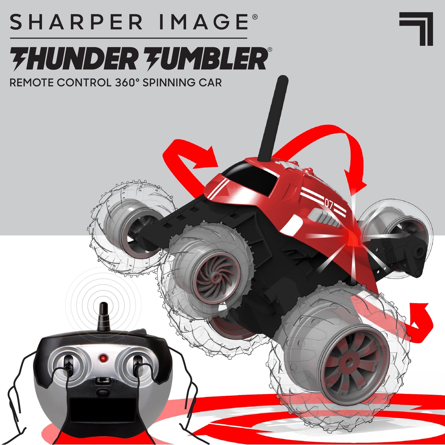 Sharper Image® Thunder Tumbler Remote Control Car, with LED Lighting and 360 Spins, Age 6+, Red