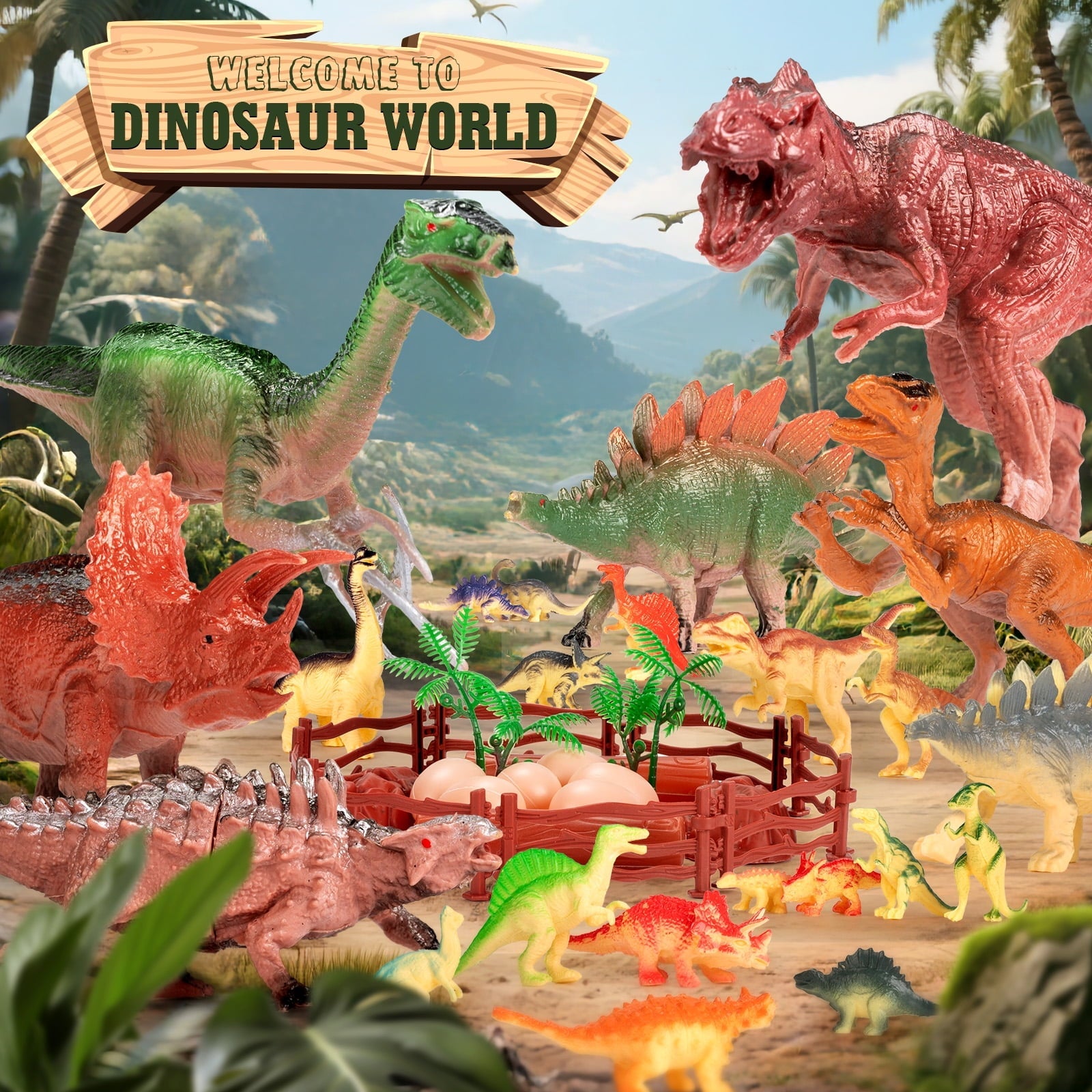 FunMagic Dinosaur Toys for Kids 3-6,45PCS Realistic Jurassic Dinosaurs Figures with Eggs&Trees&Fence,Dino World Playset, Gift for Toddler Boys & Girls