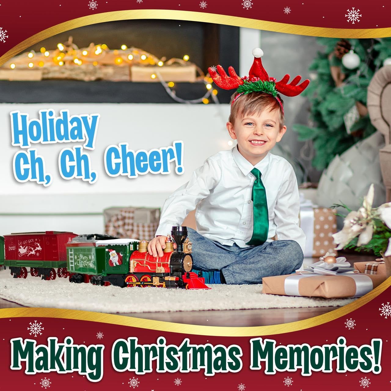 Christmas Train Set for Under The Tree with Lights, Music, Sounds, and Steam – Electric Train with On/Off Button, Smoke, Tracks – Perfect Holiday or Birthday Gift for Boys, Toddlers Ages 3+ Year Olds