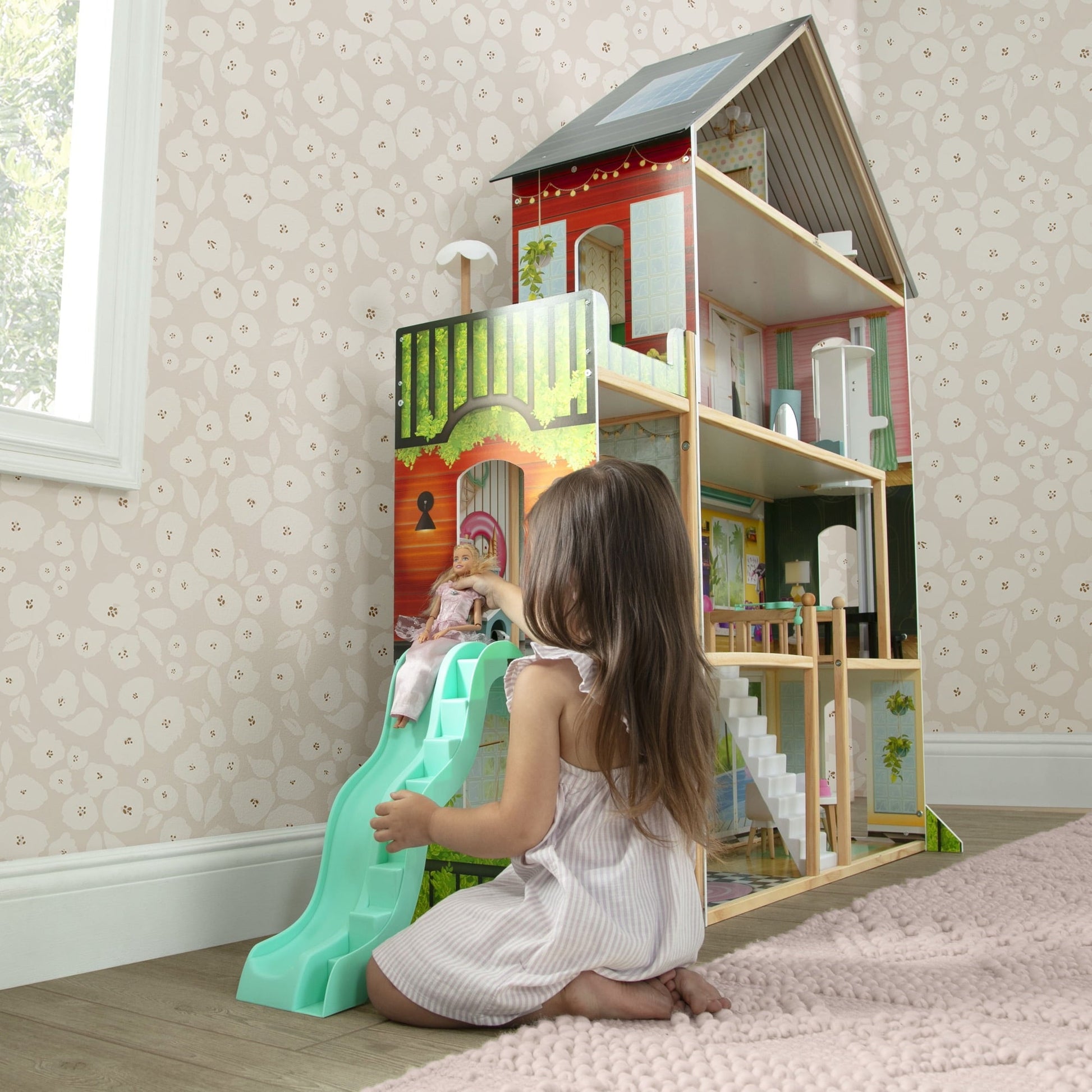 Delta Children Deluxe Maui Dollhouse with 50 Accessories - Large Wooden 4-Story Dollhouse with 12 Rooms - Working Elevator, Slide, Lights/Sounds - Fits 12-inch Dolls - Pretend Play Gift for Ages 3+