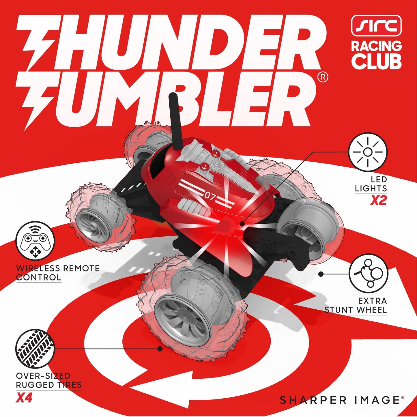 Sharper Image® Thunder Tumbler Remote Control Car, with LED Lighting and 360 Spins, Age 6+, Red