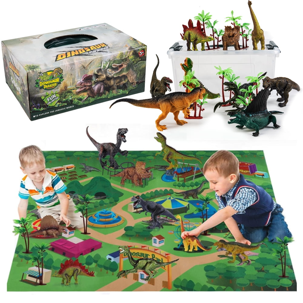 Dinosaur Toys with Play Mat & Trees for Toddlers, Realistic Jurassic Dinosaur Figures to Create a Dino World Includes 9 Kinds of Dinosaurs, Gift for Toddlers Boys & Girls (Age 3+)