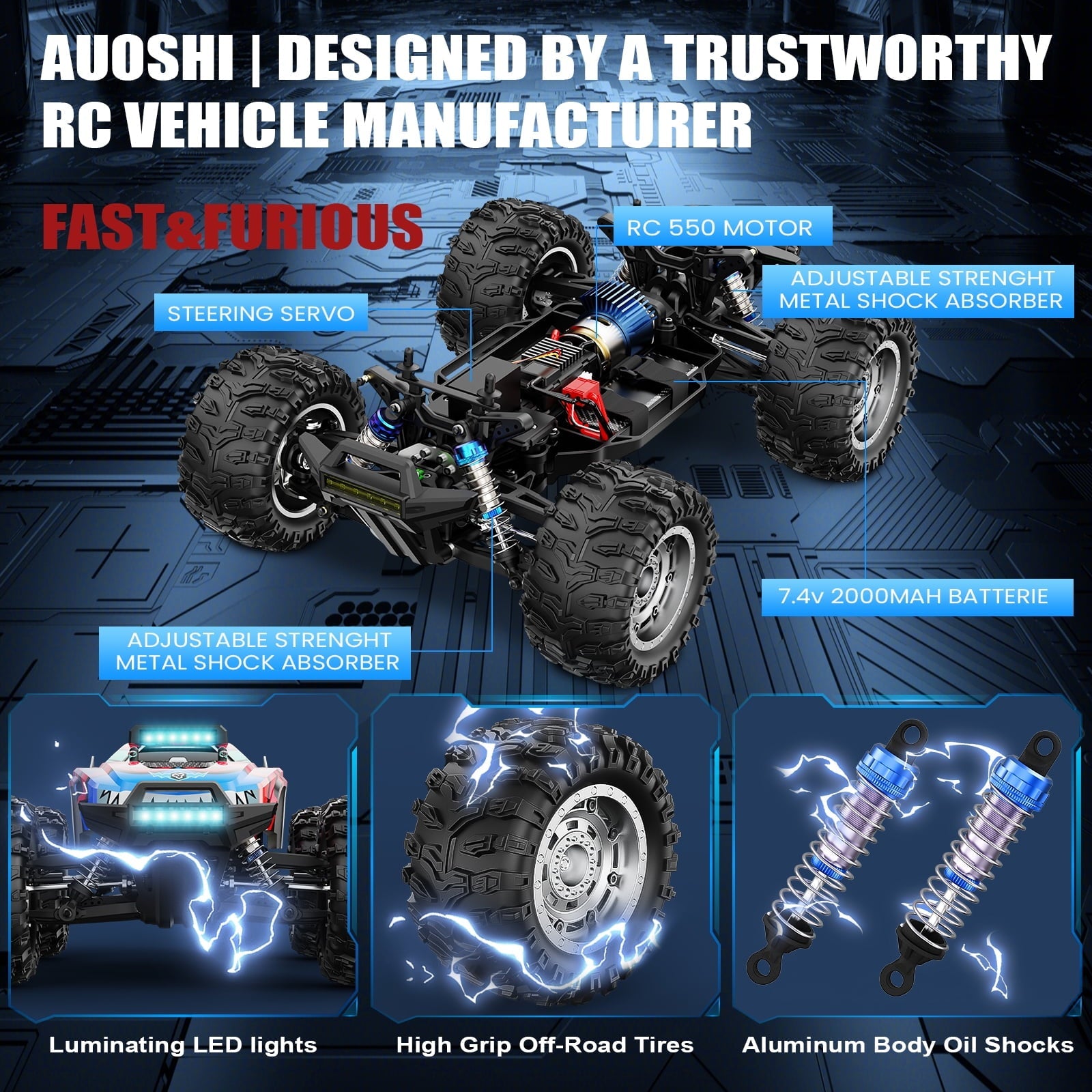 AUOSHI 2025 Professional Racing RC Cars for Adults with ESP Brushed Motor, 70+KM/H(45MPH) Top Speed,4X4 Hobby Off-Road,1:10 Remote Control CarT with Oil Filled Shocks