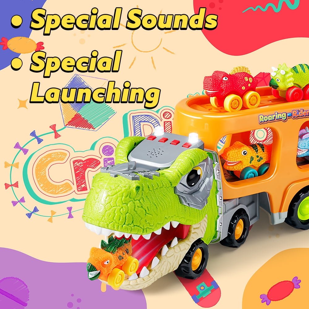 Joyfy Dinosaur Truck Toys with Music & Lights for Kids 2-4, Carrier Truck Toys with 6 Rubber Car Vehicles, Christmas Birthday Gifts for Toddler Boy 2 3 4 5 6