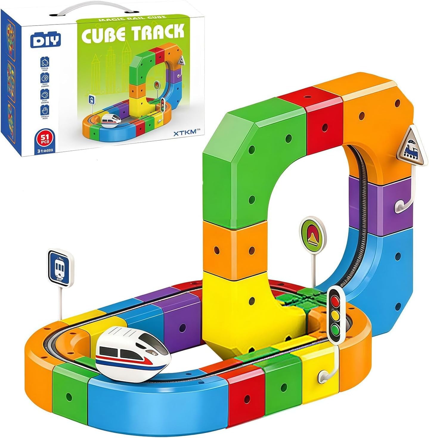 Magnetic Track Car Toys,Flexible Car Track Magnetic Train Set,DIY Race Car Track Building Kits with Train and Traffic Signs,for 4-8 Year Old Boy Toys Boys Girls Birthday Party Gifts (81PCS)