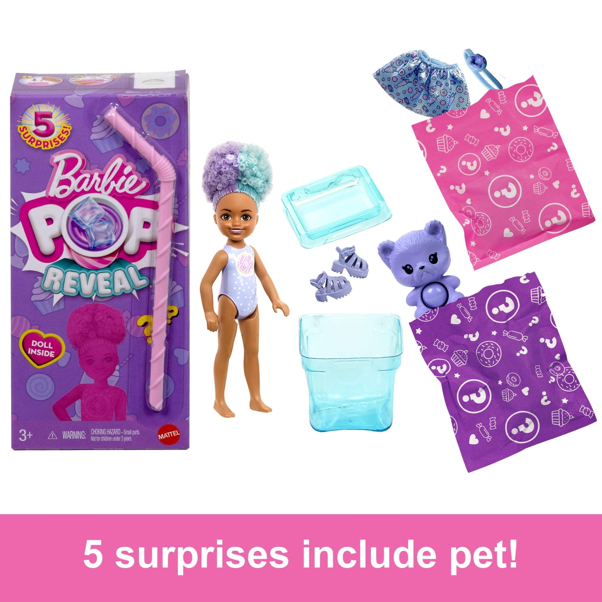 Barbie Chelsea Pop Reveal Treat Series Doll with 5 Surprises Including Scent & Pet (Styles May Vary)