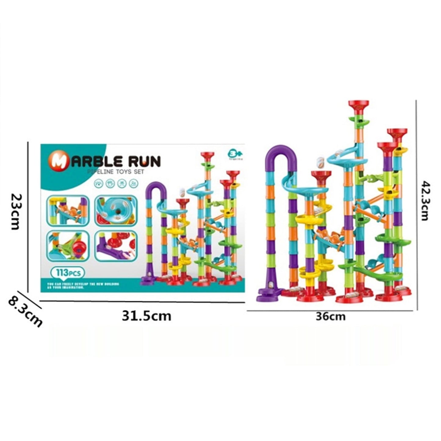 Hinzonek 113PCS kid Marble Run Race Coaster Set, Marble Run Railway Toys Construction Toys Building Blocks Set Marble Run Race Coaster Maze Toys for Kids,Gift for Boys Girls