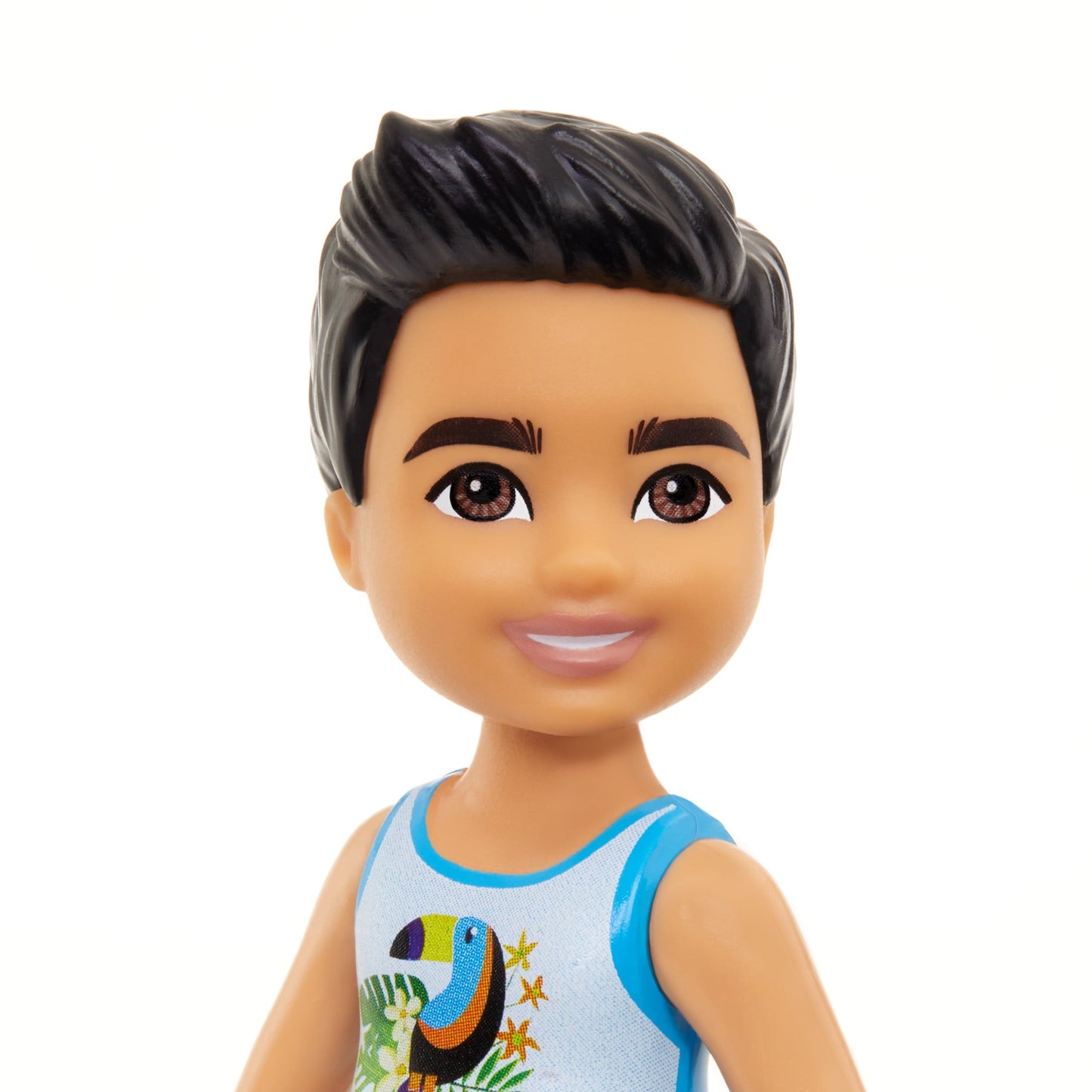 Barbie Chelsea Small Doll with Beach Swimsuit, Toucan & Tropical Leaf Print, Black Hair & Brown Eyes