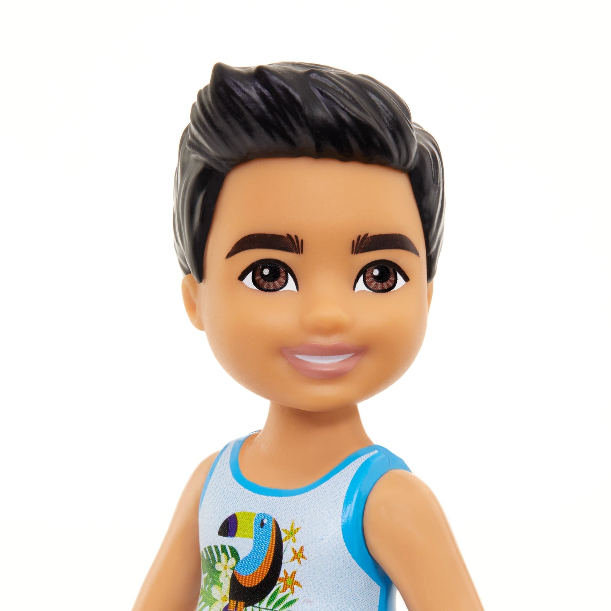 Barbie Chelsea Small Doll with Beach Swimsuit, Toucan & Tropical Leaf Print, Black Hair & Brown Eyes