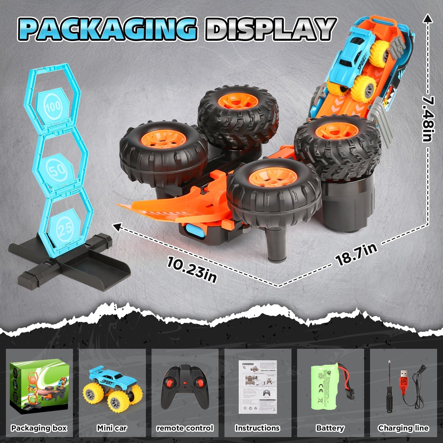 Huge Wave Remote Control Car for Boys, 1:16 Scale RC Stunt Monster Truck Toys, with Transform Track and Mini Car, Christmas Birthday Gift for Kids Age 4-12
