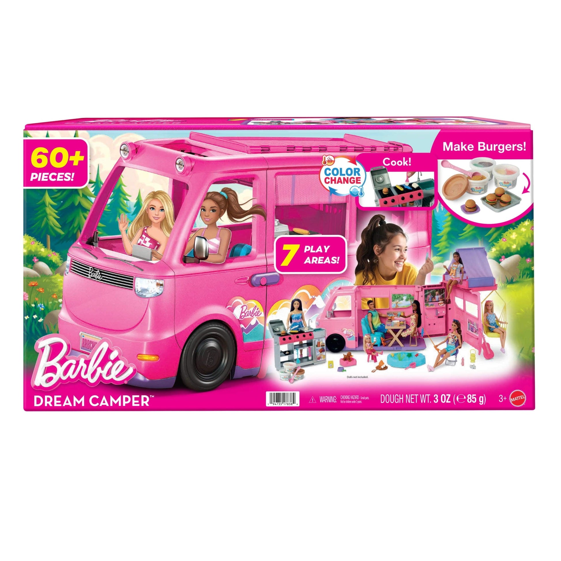Barbie Dream Camper Playset with Roof Tent, BBQ Grill with Color-Change Feature & 60+ Accessories