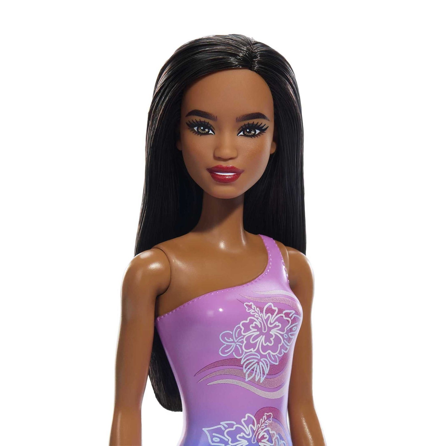 Beach Barbie Doll with Dark Brown Hair Wearing Tropical Purple One-Piece Swimsuit