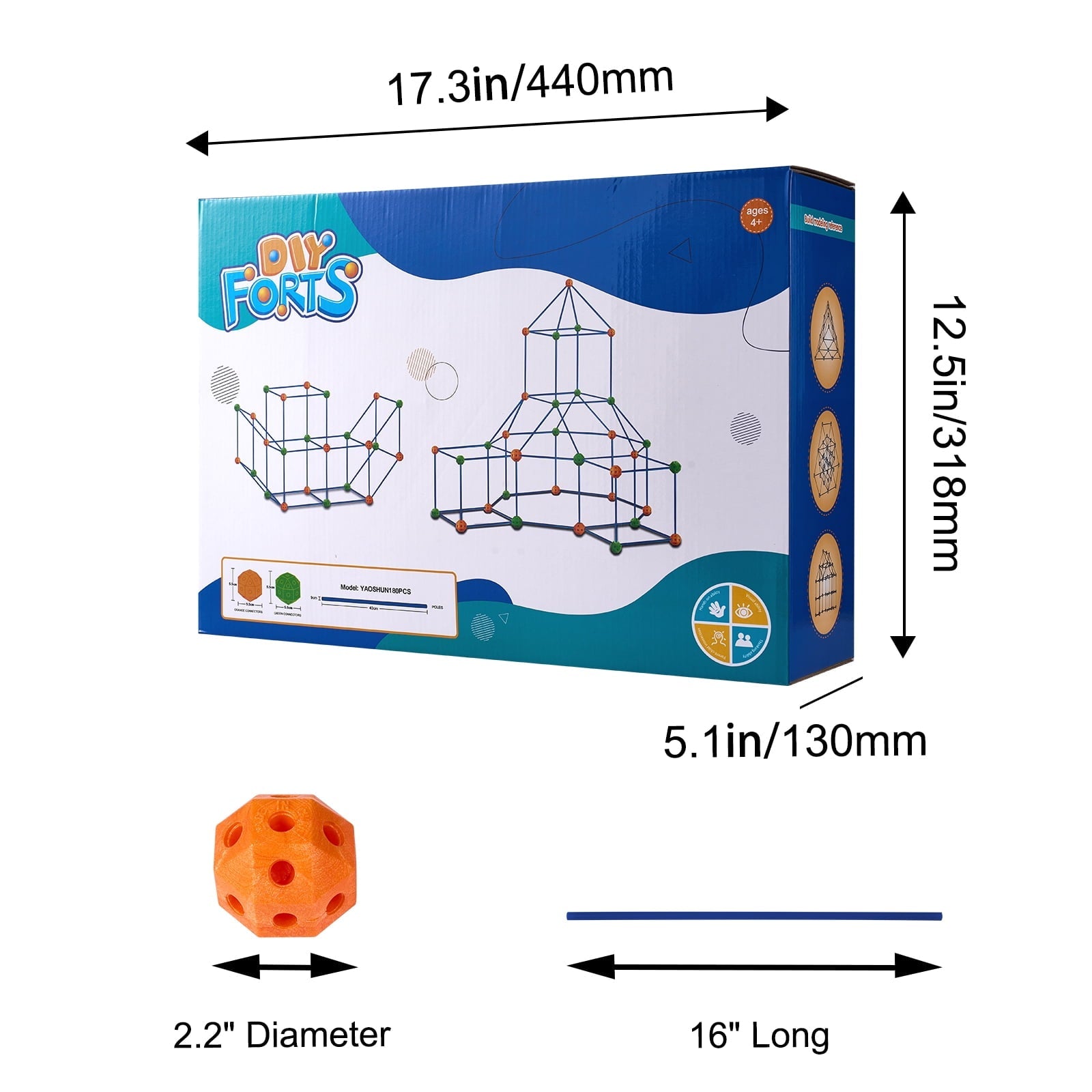 VEVOR Fort Building Kit for Kids, 180PCS STEM Building Toys, Educational Gift for 4 5 6 7 8+ Year Old Boys & Girls, Indoor Outdoor Play Tent Builder Set Construction Toys with 120 Rods and 60 Balls