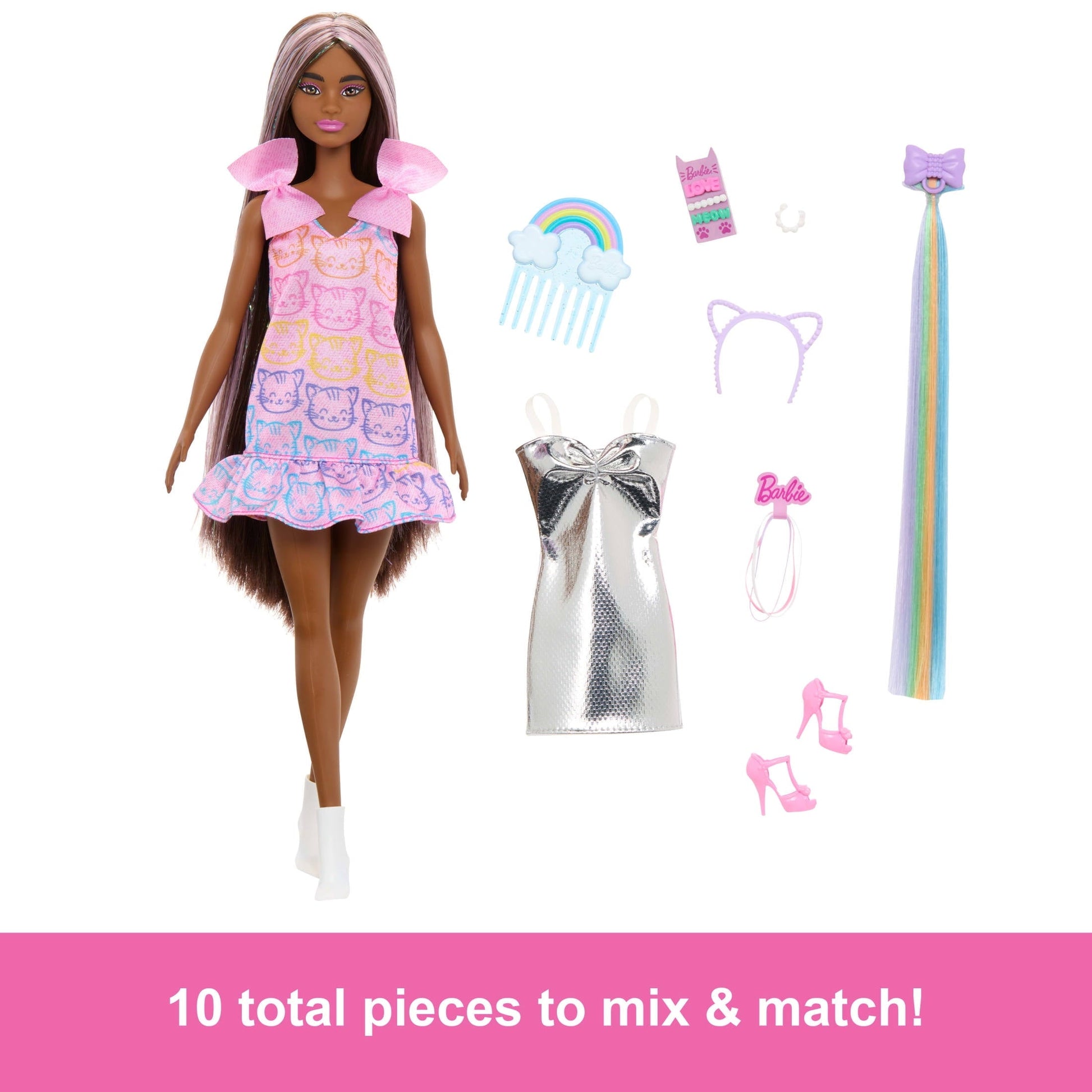 Barbie Fun & Fancy Doll & Accessories, Brunette Fashion Doll with Extra-Long Hair & 2 Looks