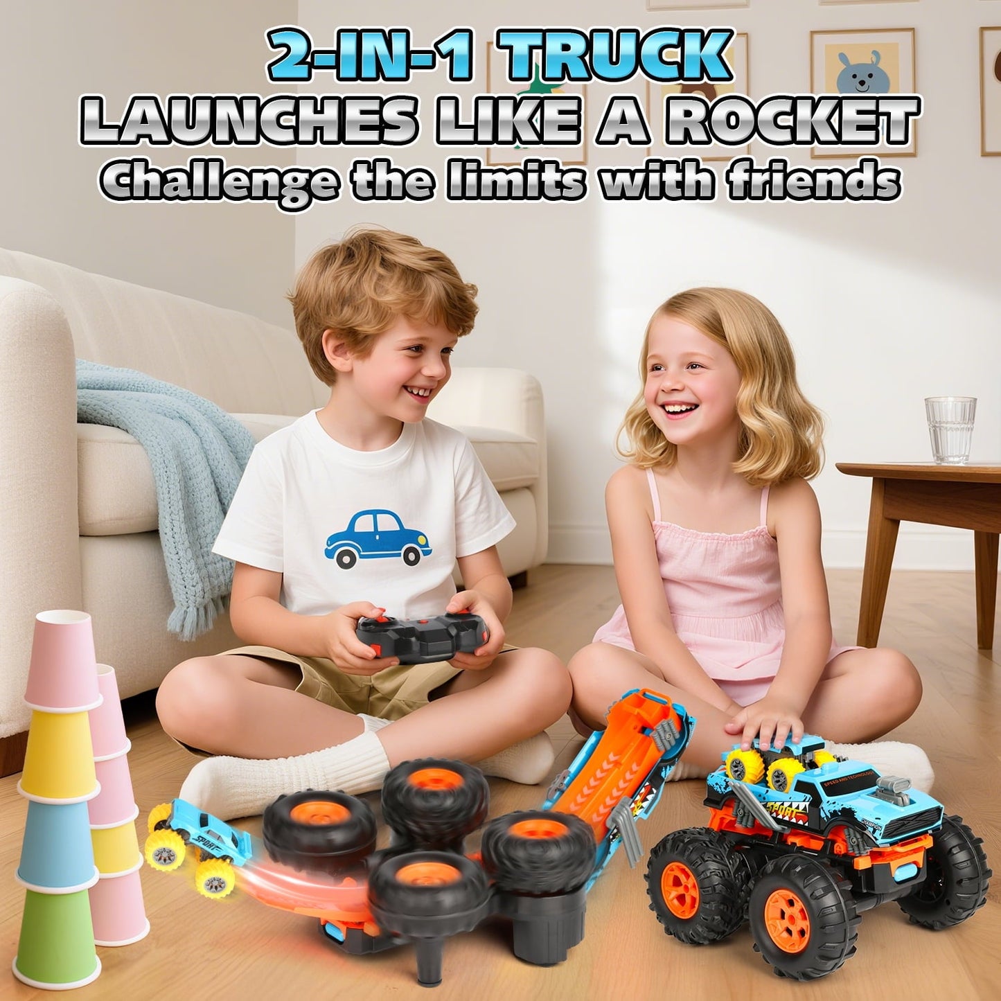 Huge Wave Remote Control Car for Boys, 1:16 Scale RC Stunt Monster Truck Toys, with Transform Track and Mini Car, Christmas Birthday Gift for Kids Age 4-12