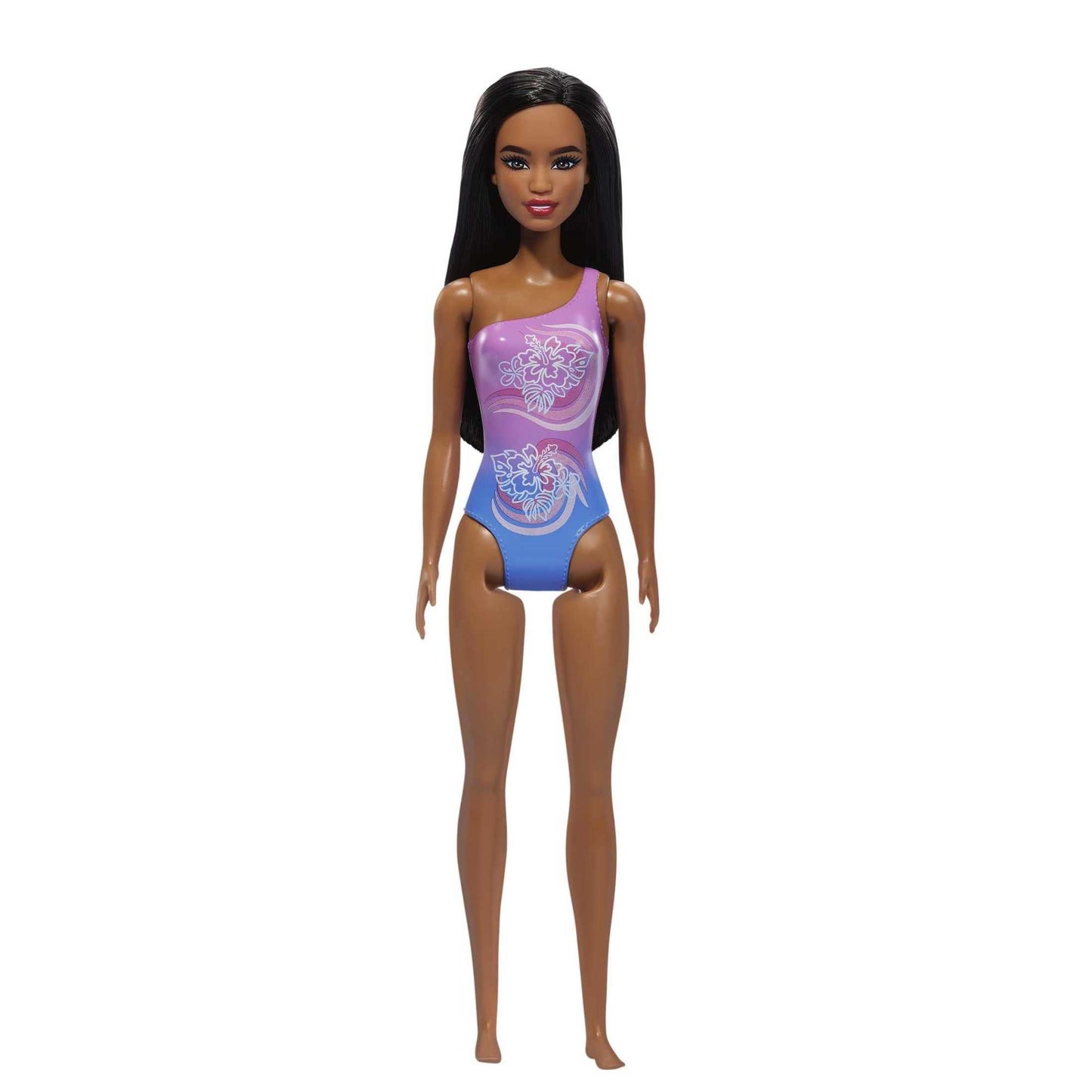 Beach Barbie Doll with Dark Brown Hair Wearing Tropical Purple One-Piece Swimsuit