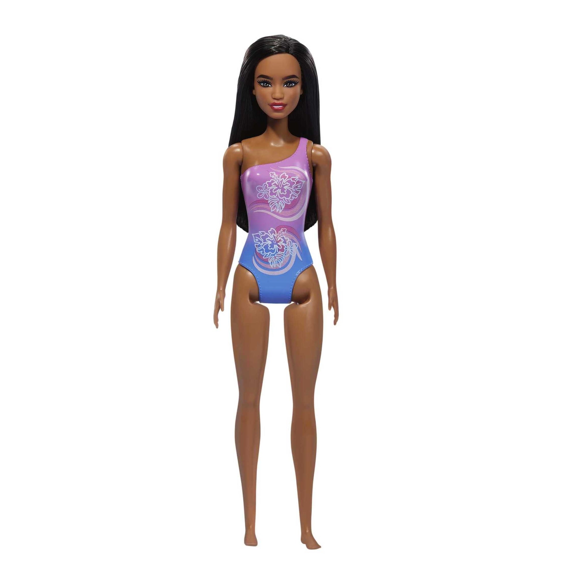 Beach Barbie Doll with Dark Brown Hair Wearing Tropical Purple One-Piece Swimsuit