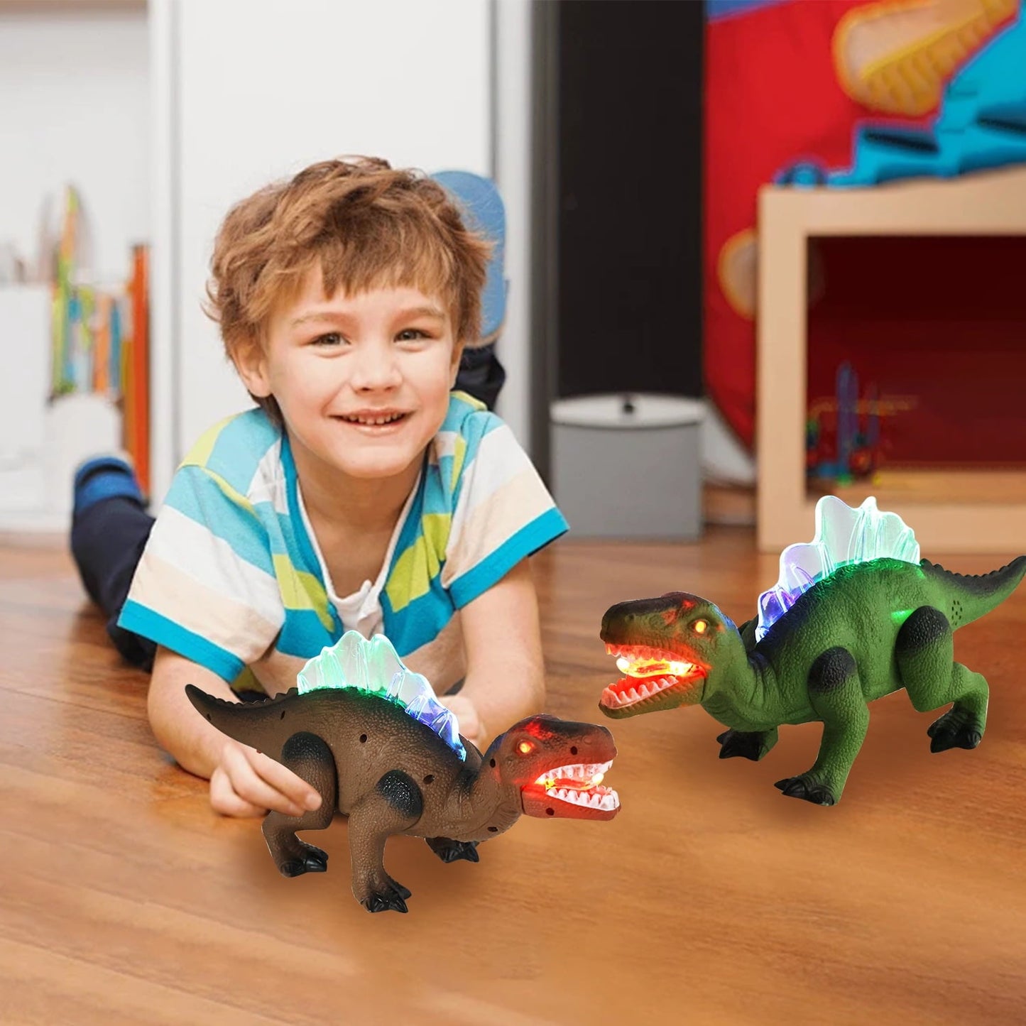Light-up Walking Dinosaur Toy for Kids, 12 inches Electronic Dinosaur with Roaring Sound and Dinosaur Figures, Gift for Boys & Girls 3 4 5 6 7 Years - Green