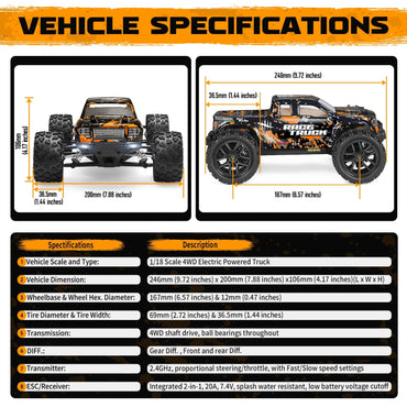 HAIBOXING 1:18 Remote Control Truck 18859 - Fast RC Car for Adults and Kids, 4x4 Waterproof Off-Road Monster Truck for Boys - Includes 2 Batteries