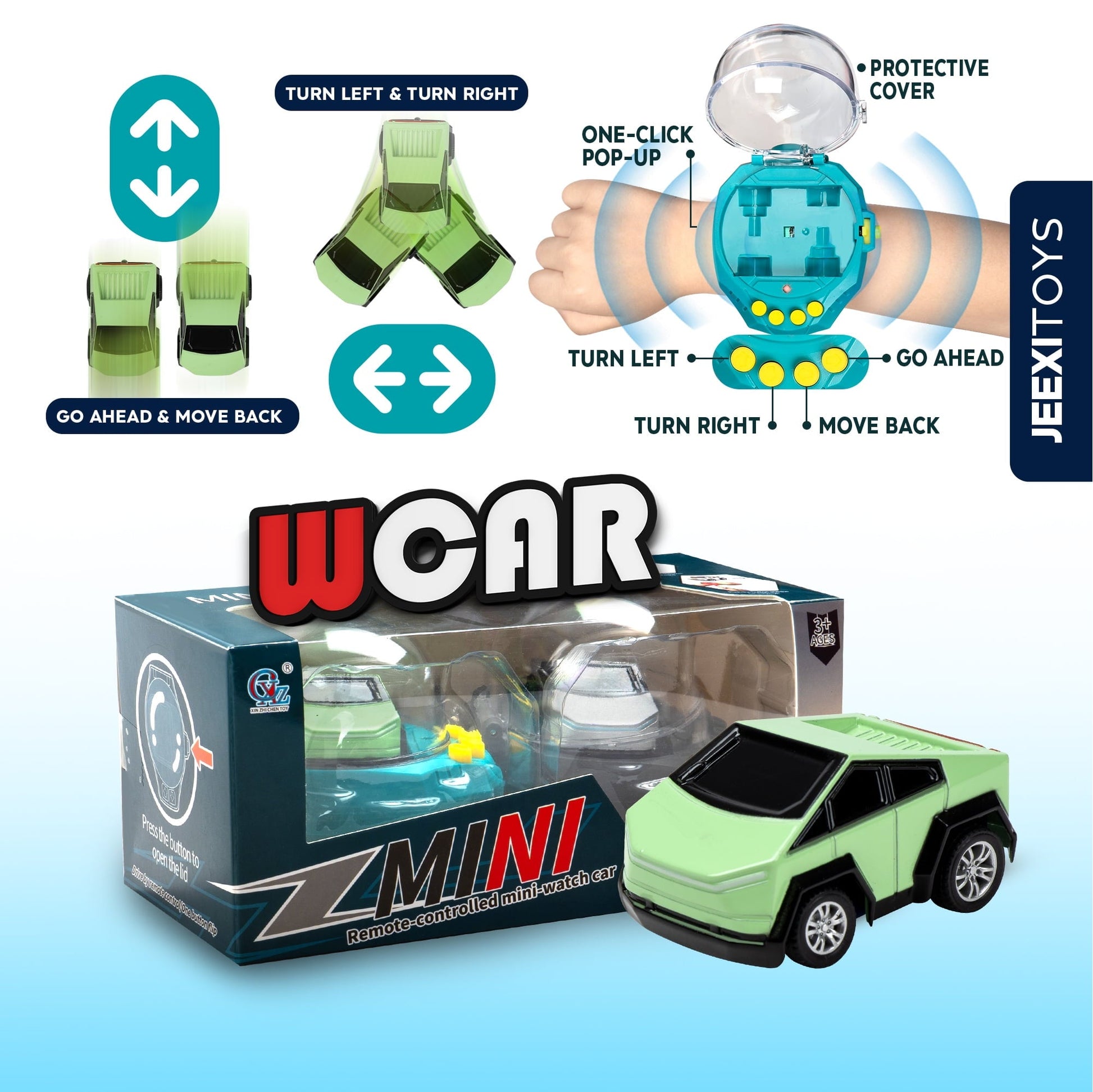 JEEXI Mini RC Car Watch Set for Kids – Wearable Remote Control Cars, LED Lights, Wrist-Mounted Controllers – Toy Cars for Boys & Girls, Fun Parent-Child Playtime - 2 Pack (Green & Gray)