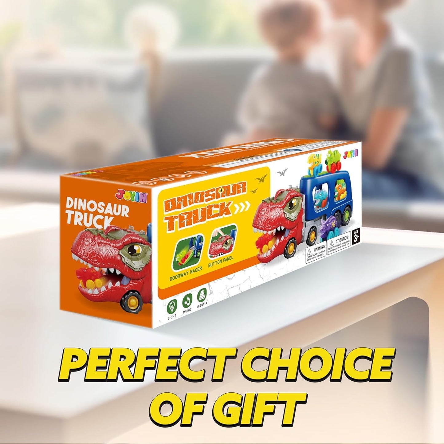 Joyfy Dinosaur Truck Toys with Music & Lights for Kids 2-4, Carrier Truck Toys with 6 Rubber Car Vehicles, Christmas Birthday Gifts for Toddler Boy 2 3 4 5 6