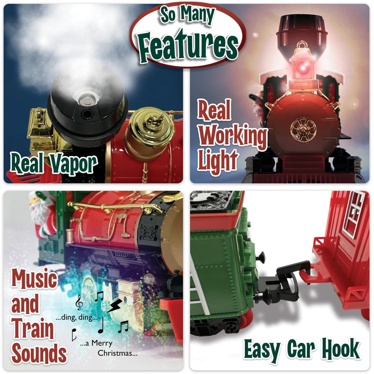 Christmas Train Set for Under The Tree with Lights, Music, Sounds, and Steam – Electric Train with On/Off Button, Smoke, Tracks – Perfect Holiday or Birthday Gift for Boys, Toddlers Ages 3+ Year Olds