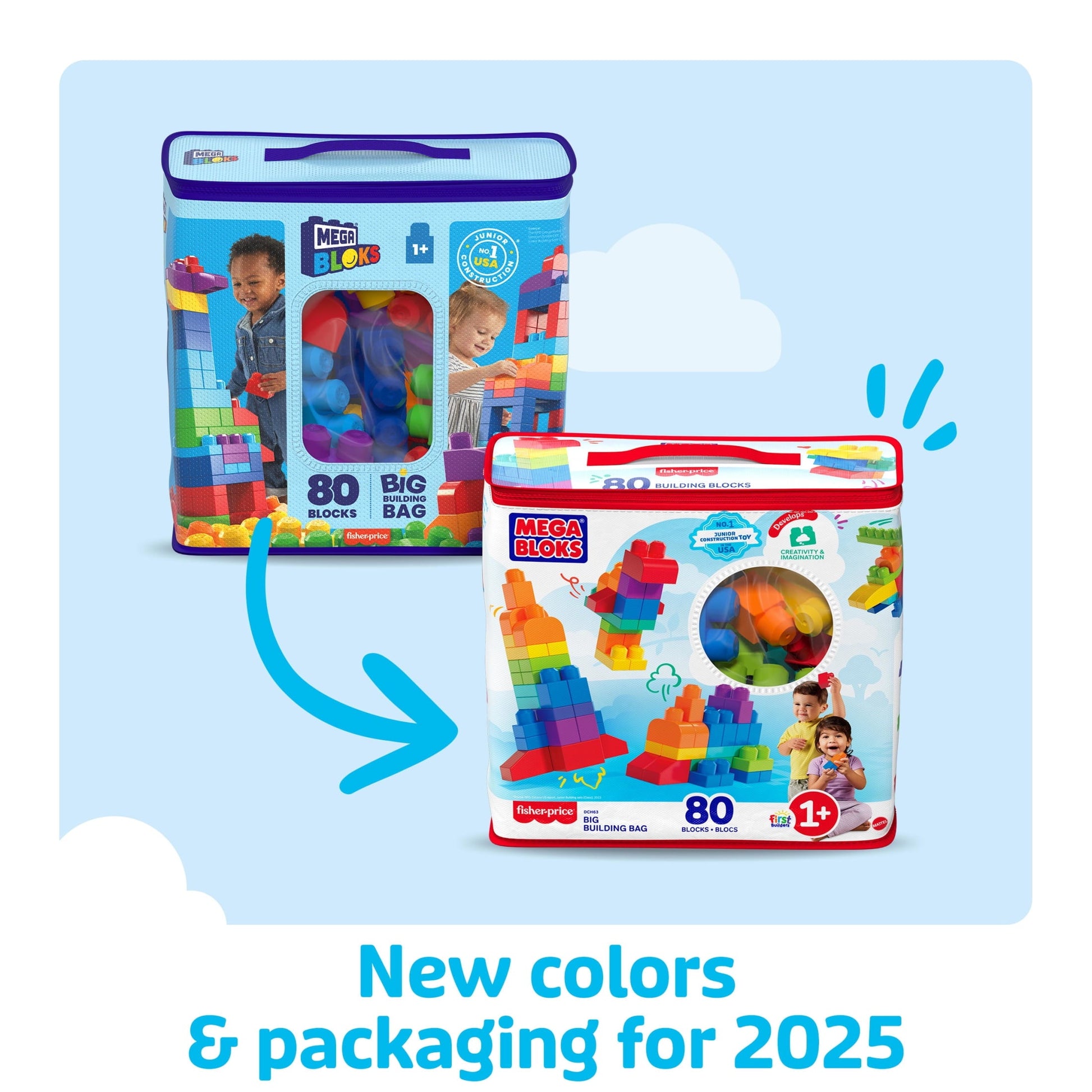 MEGA BLOKS Fisher-Price Toy Blocks Blue Big Building Bag with Storage (80 Pieces) for Toddler