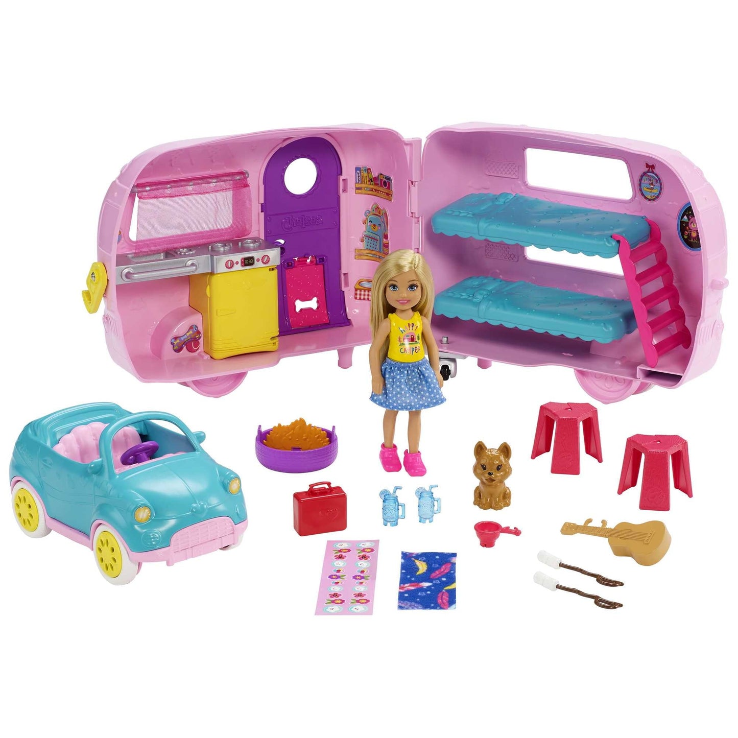 Barbie Club Chelsea Pink Camper Playset, Blonde Small Doll, Pet, Car & 10+ Accessories, Toy for 3 Years and Up