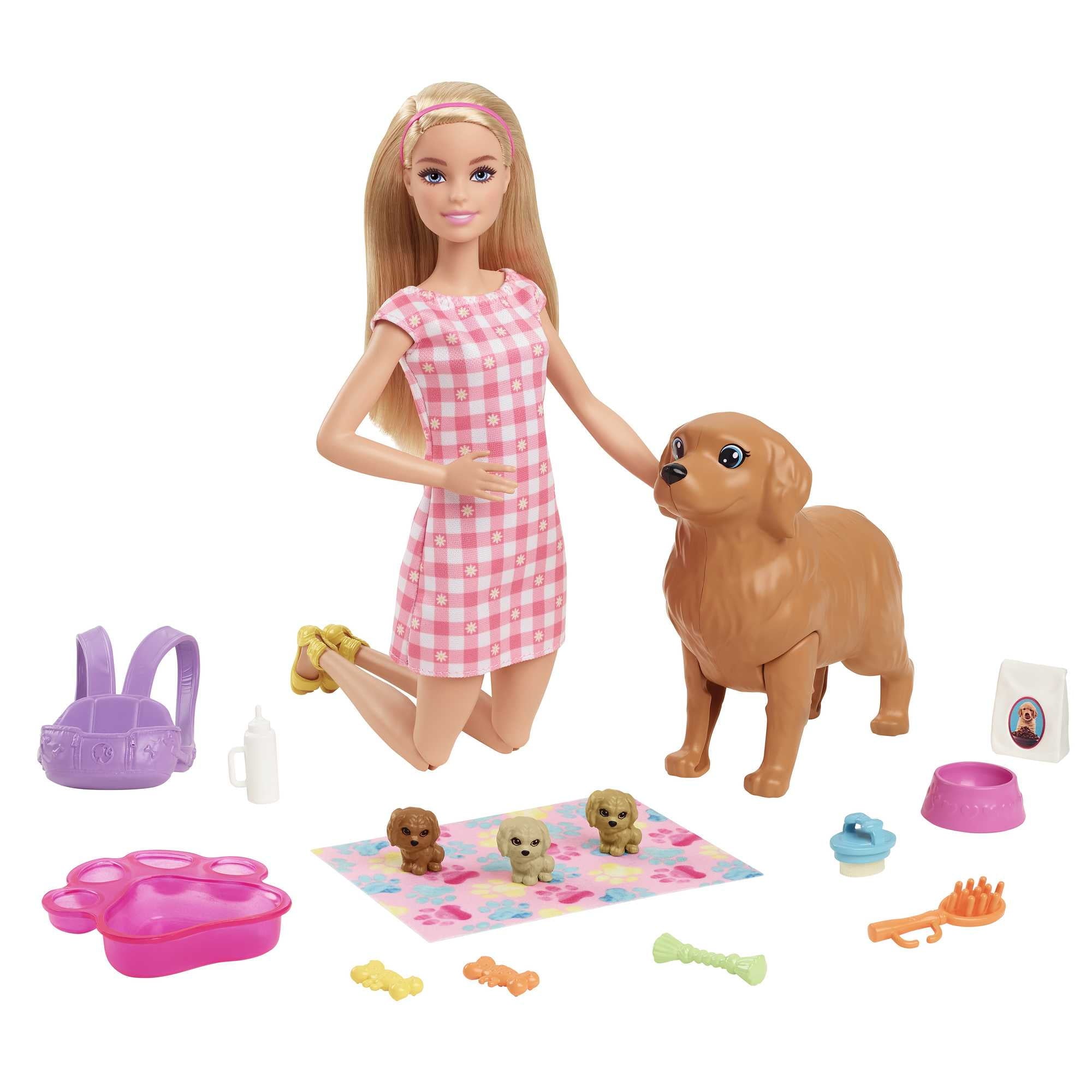 Barbie Doll & Newborn Pets Playset with Pregnant Mom Dog, Color-Change Puppies & Accessories, Blonde