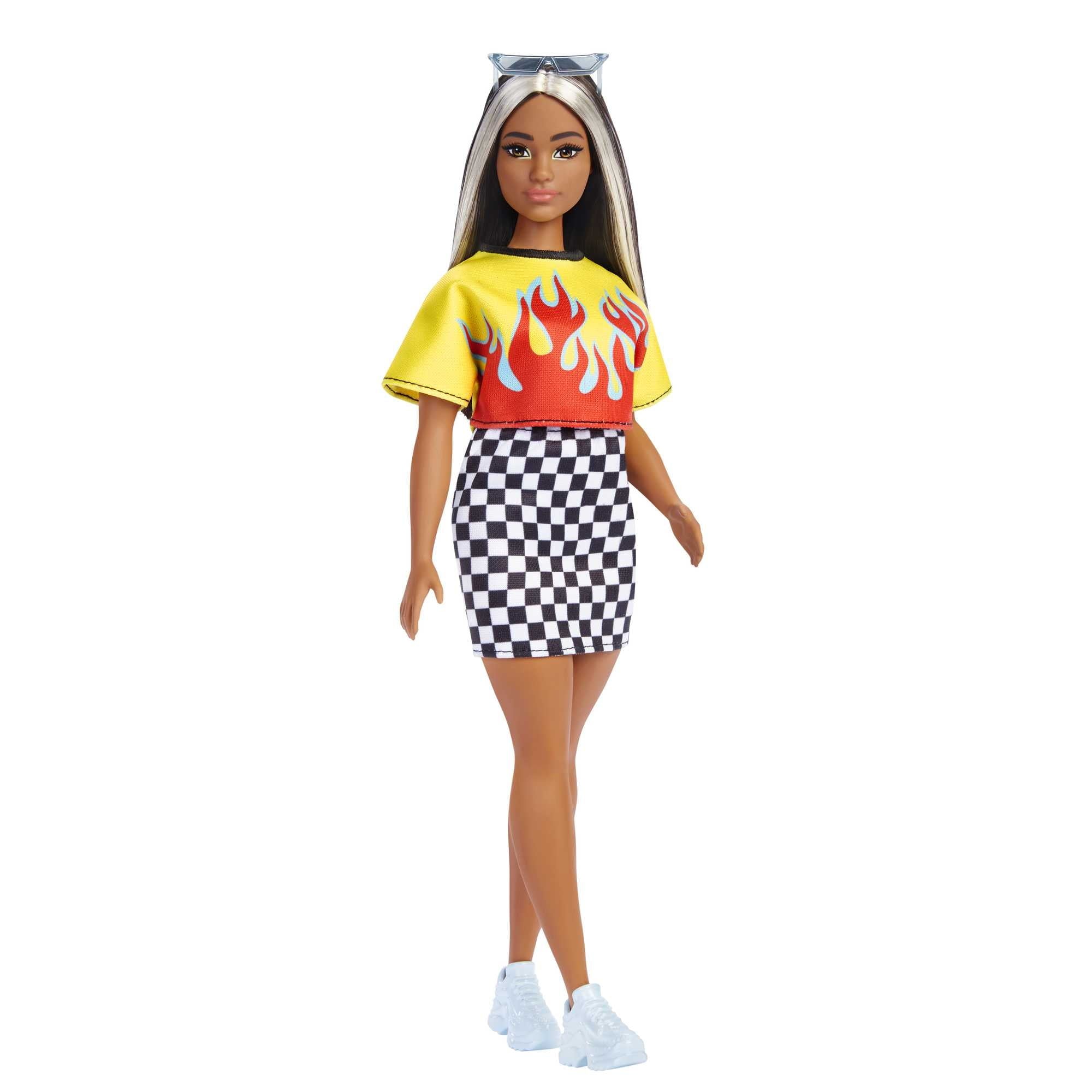Barbie Fashionistas Doll #179, Curvy with Long Highlighted Hair in Crop Top & Checkered Skirt