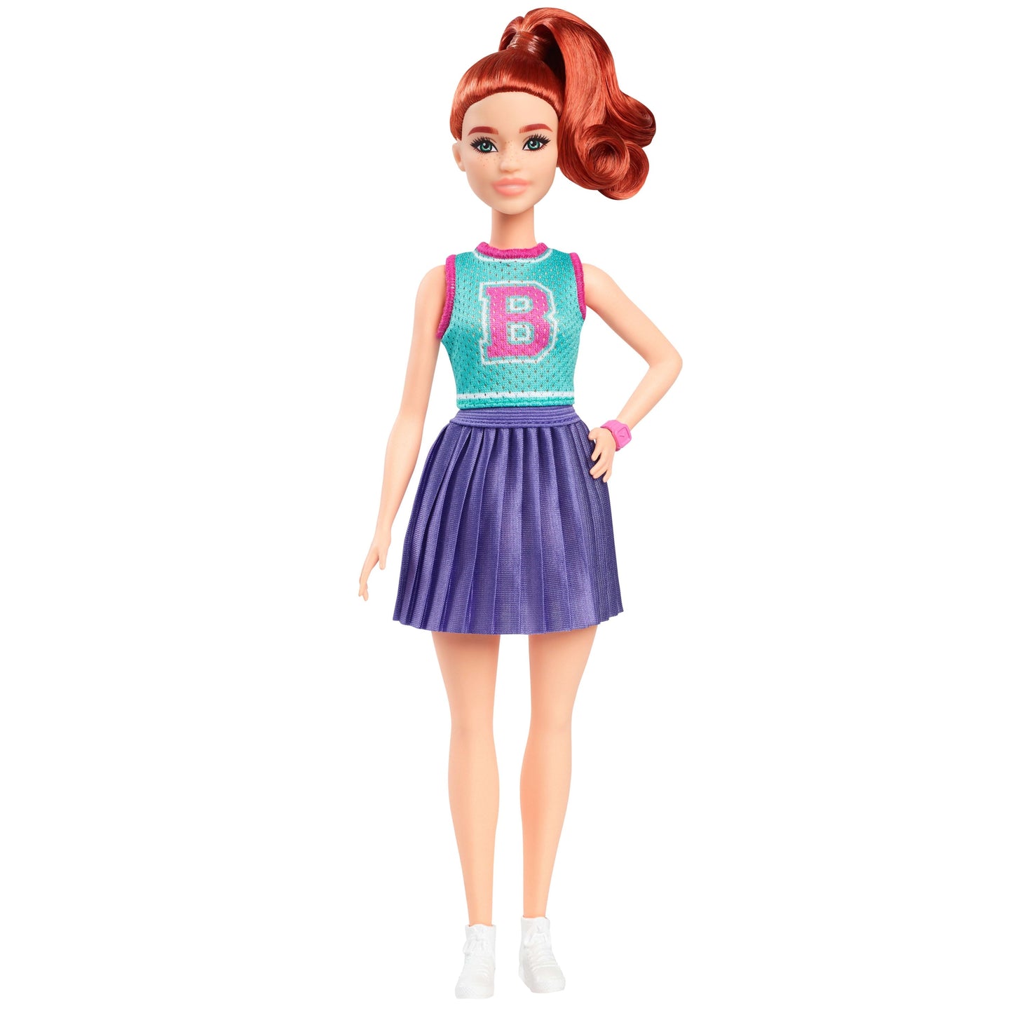 Barbie Fashionistas Doll #232 with Red Hair in Jersey Top and Pleated Purple Skirt, Watch, Sneakers