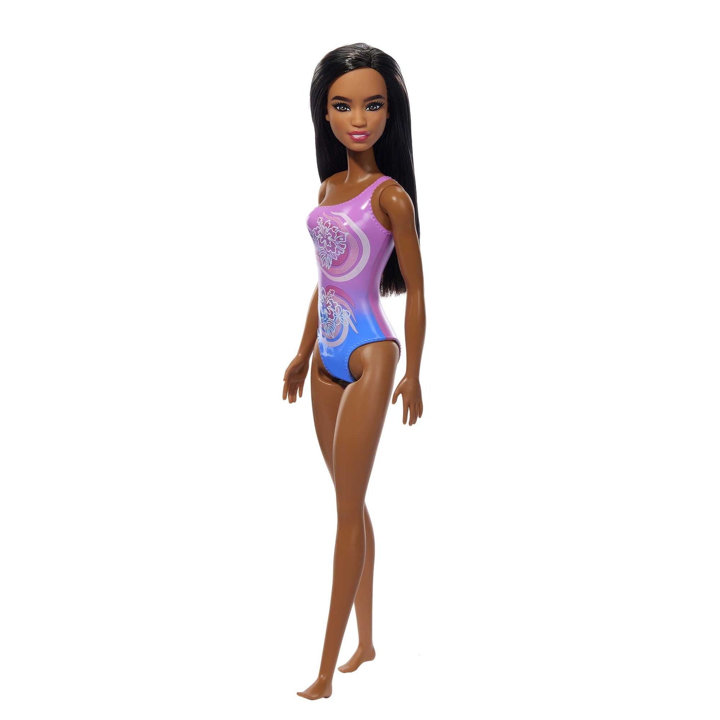 Beach Barbie Doll with Dark Brown Hair Wearing Tropical Purple One-Piece Swimsuit