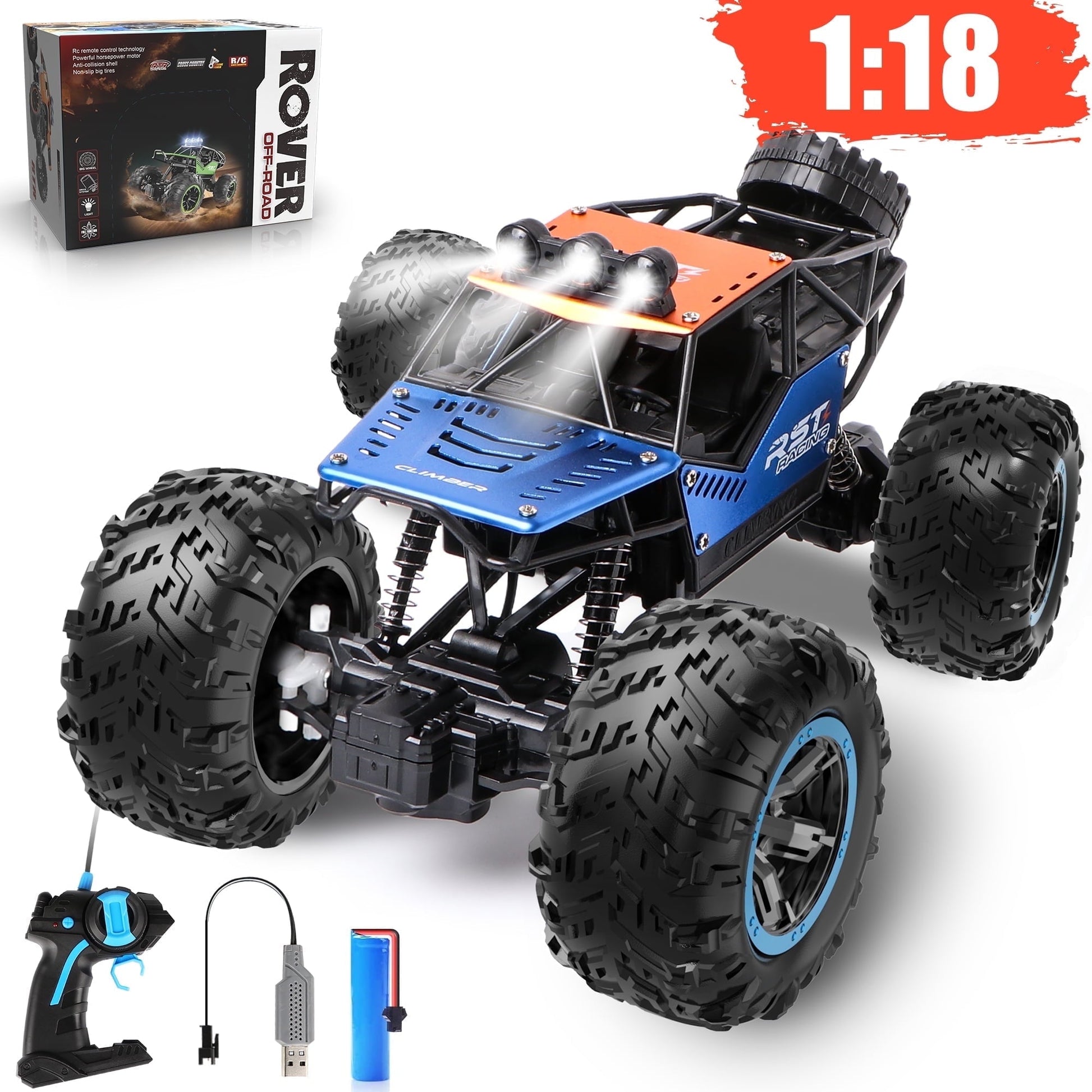 Beefunni Blue Remote Control Cars 1:18, All Terrain Metal Shell 4X4 Off-Road Vehicle Monster Truck, High Speed 2.4 GHz RC Car Gift for Kids 6+ & Adults