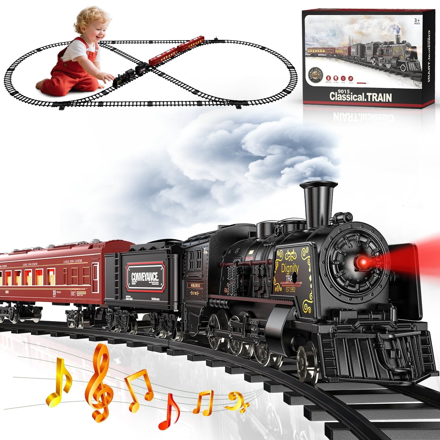 Beefunni Christmas Train Set, Boys Battery Operated Metal Alloy Electric Train Toys with Smoke, Sounds & Lights, Christmas Gifts for 3-12 Years Old Kids