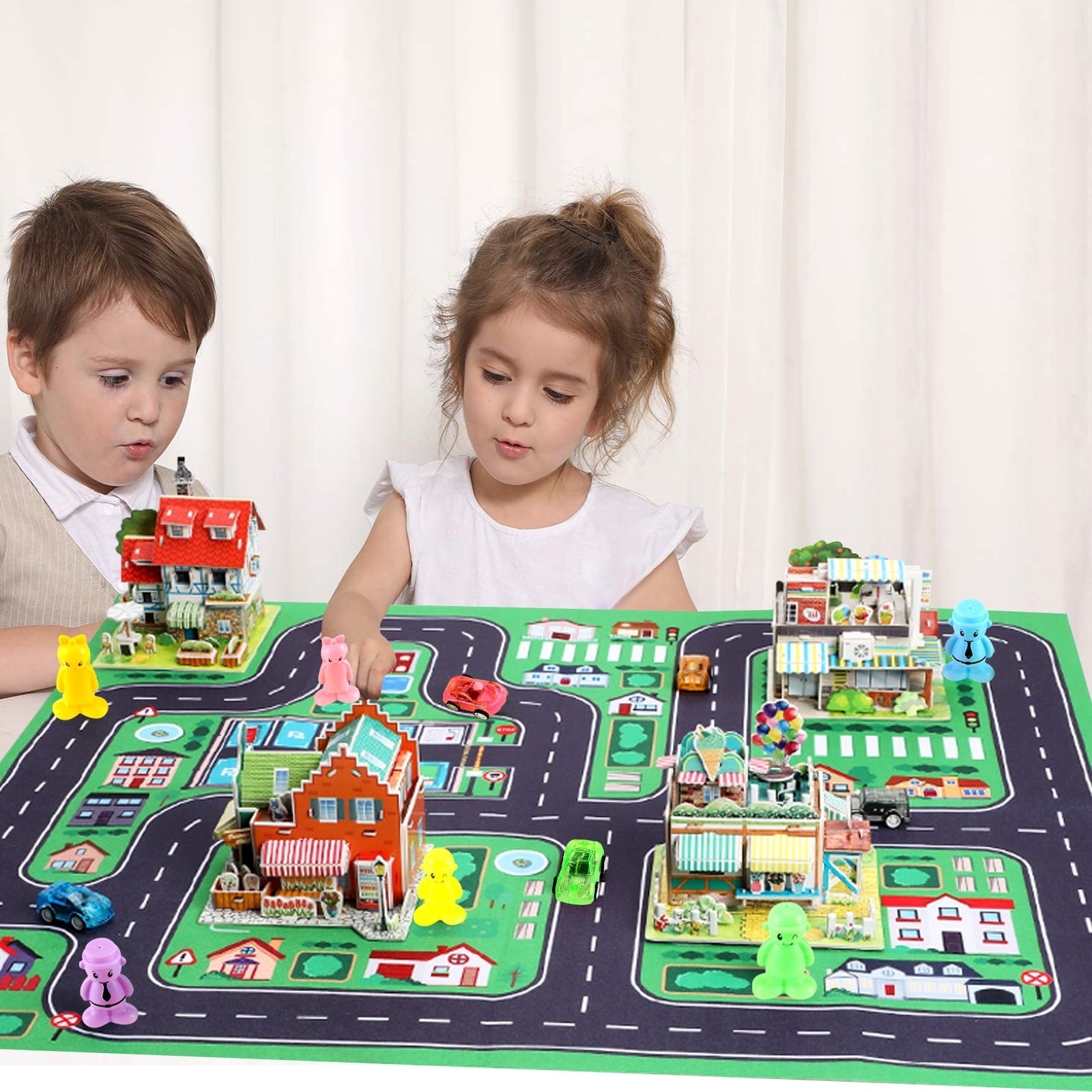 QiShi City Map Construction Building Sets with 6 Cartoon Character Toys, Preschool Educational Learning Toys for 6+ Year Old Kids Boys Girls Children