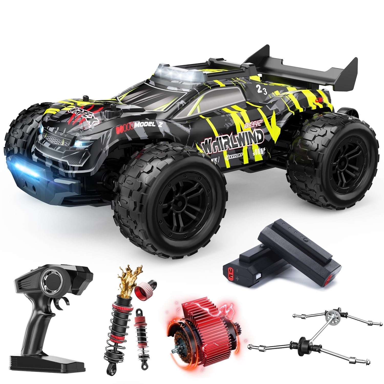 DEERC 1/14 Fast Brushless RC Car for Adults, 43 MPH High Speed 4x4 Off-Road RC Truck, Waterproof Monster Truggy, All Terrain Remote Control Drift Car for Boys 8-12, 2 Batteries, 3S Lipo Compatible