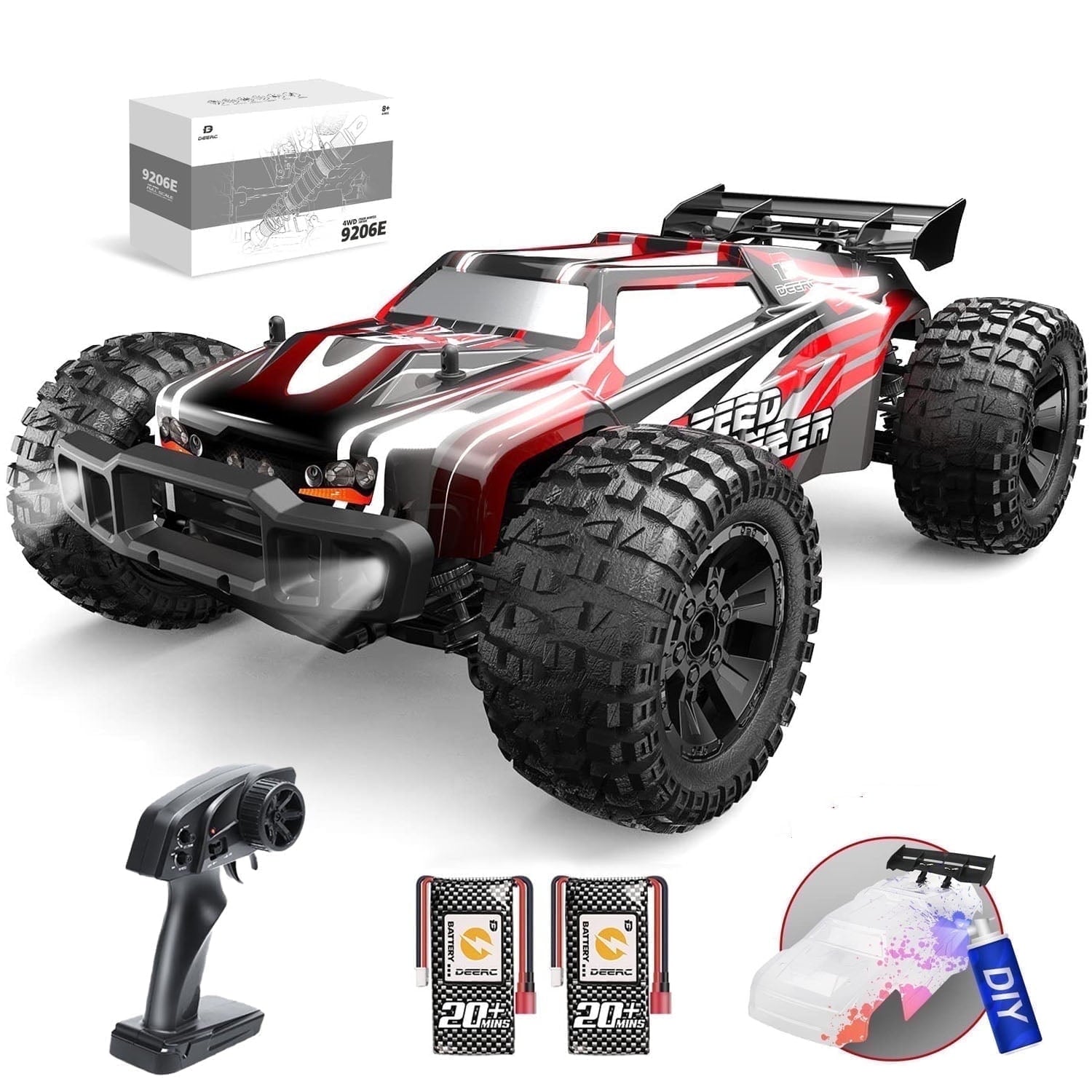 DEERC 9206E 1:10 Scale RC Cars, 48+ KM/H Hobby Grade High Speed Remote Control Car for Adults Boys, All Terrain 4WD 2.4GHz RC Monster Truck with 2 Battery for 40+ Min Play