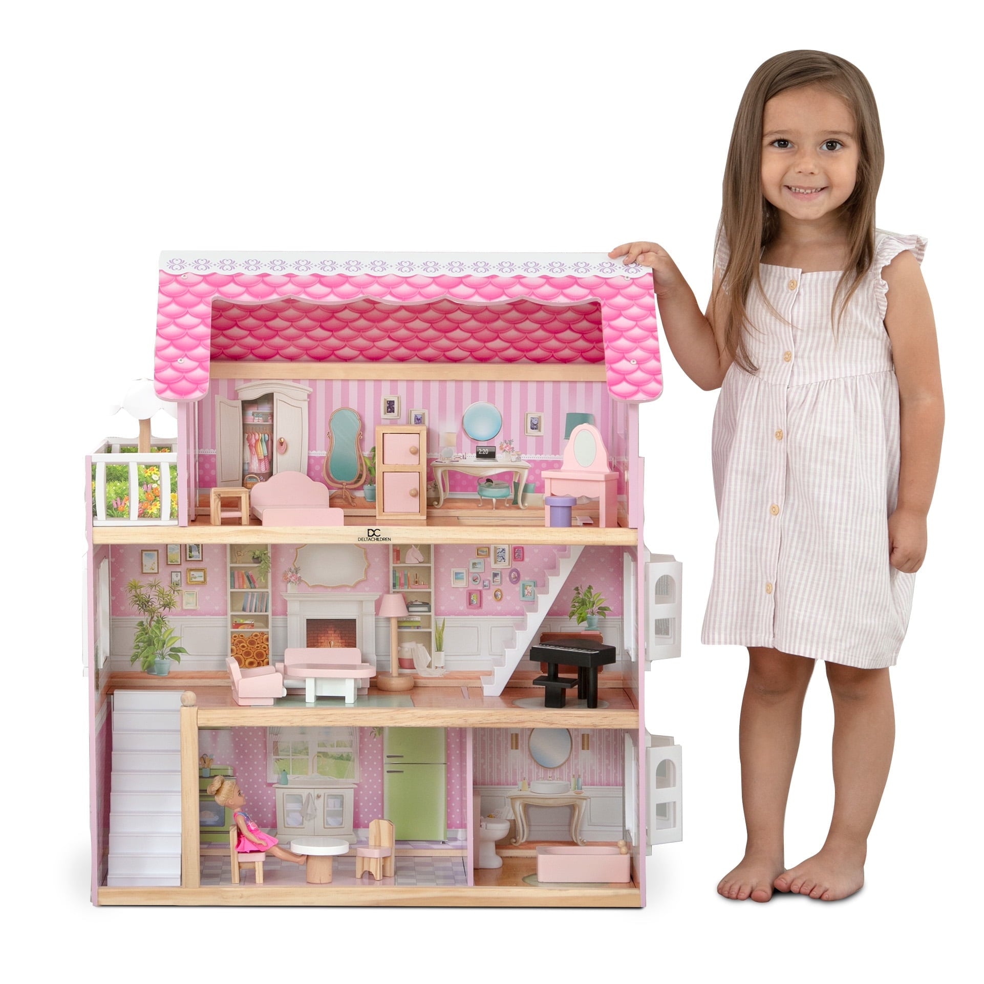 Delta Children Little Gem Dollhouse - Wooden 3-Story Dollhouse with 4 Rooms - Includes 16 Accessories - Fits 5-inch Dolls - Pretend Play Dream Gift for Ages 3+