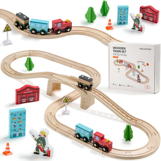 HELLOTINY Wooden Train Set for Toddlers, 36 Pcs with Wooden Tracks, Compatible with Major Brands, Train Toy for Kids Ages 3-5