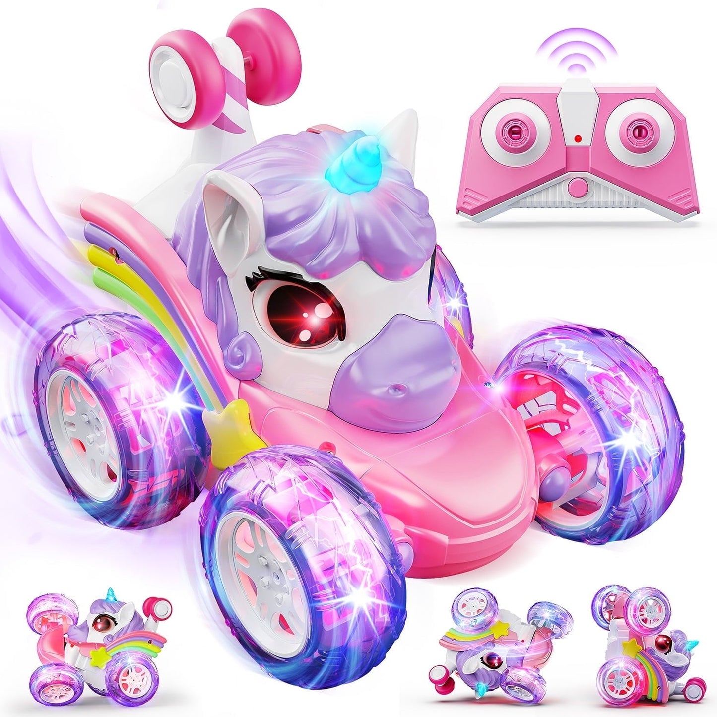HopeRock Unicorn Toys for Girls Ages 3-6 Years, Remote Control Stunt Car with LED Lights, 2.4GHz RC Car for 3-6 Year Old Girls, Christmas Birthday Gift for Toddlers 3-6.
