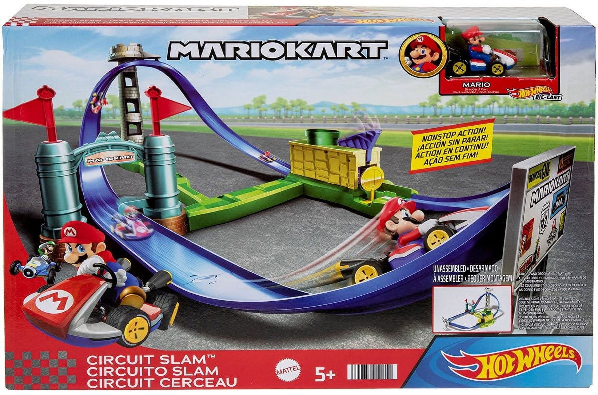 Hot Wheels Mario Kart Circuit Slam Vehicle Playsets with Mattle Blue Car Toy